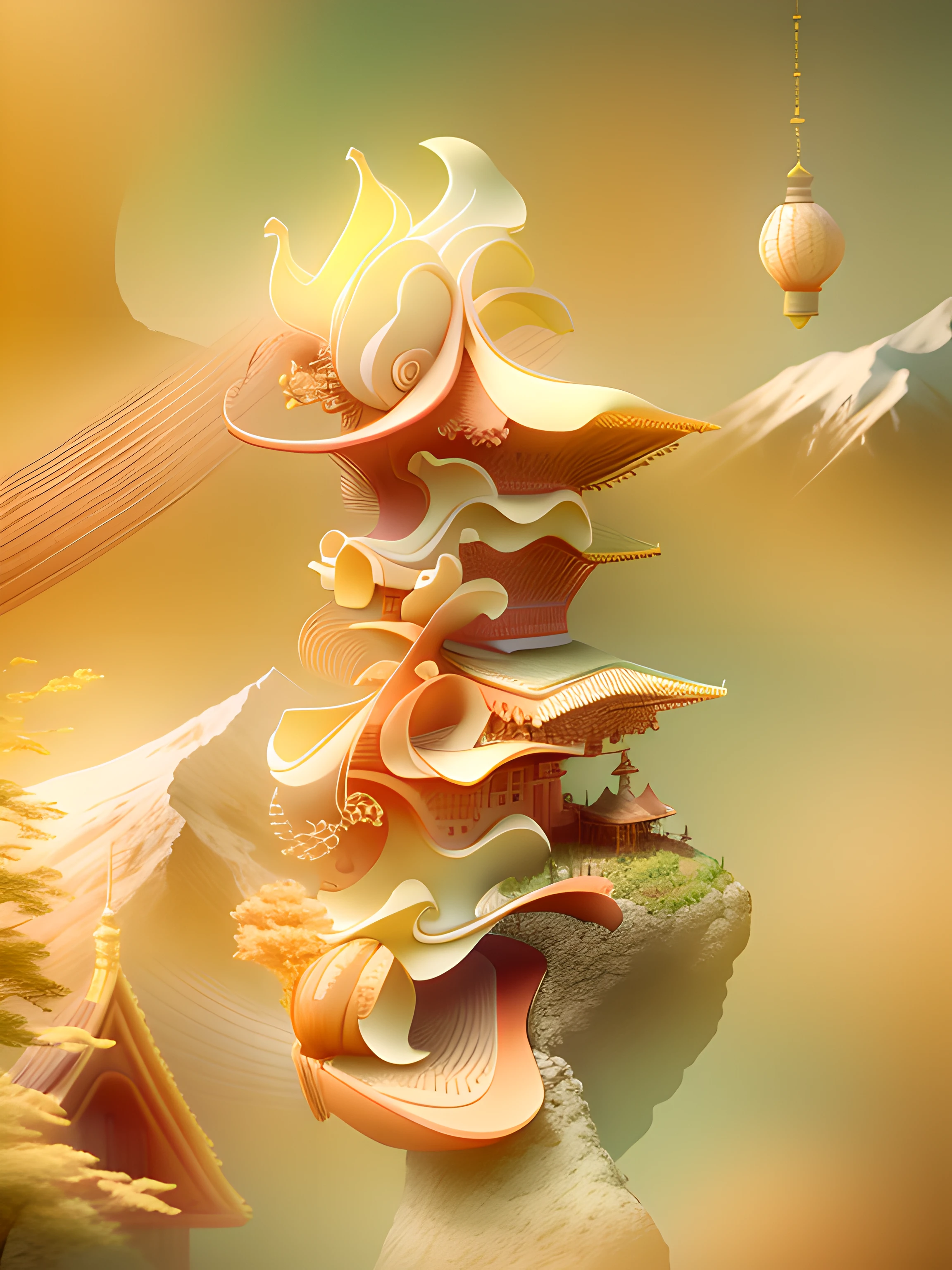 samurais,Mountains,Pavilions,a warm color palette,