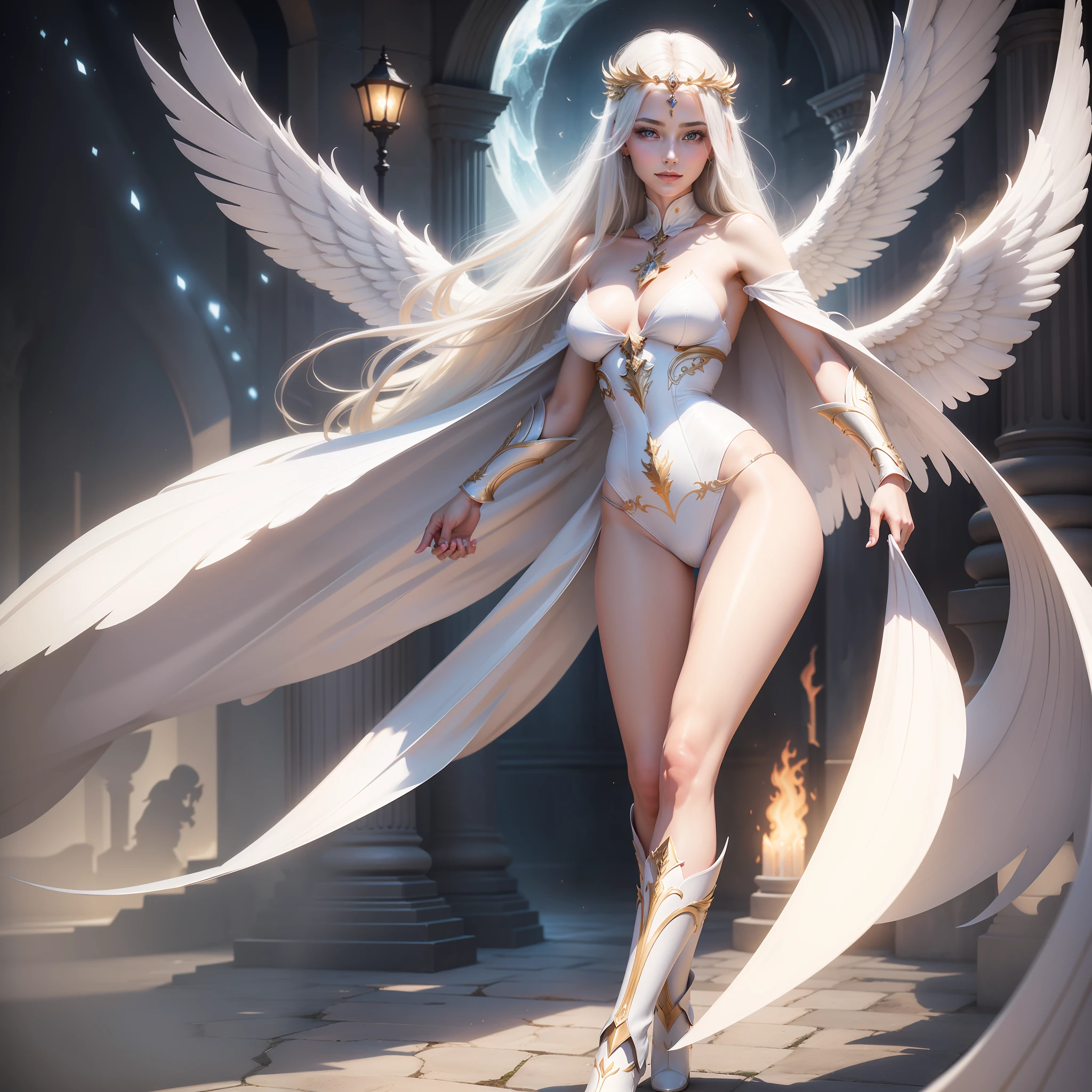 angelicales,Delicate and mature female angel,delicated face,28 year old,Delicate skin,A satisfied smile,White skin of the,full bodyesbian,Long legs,battle garment,(Medium chest),beauitful face,boot,