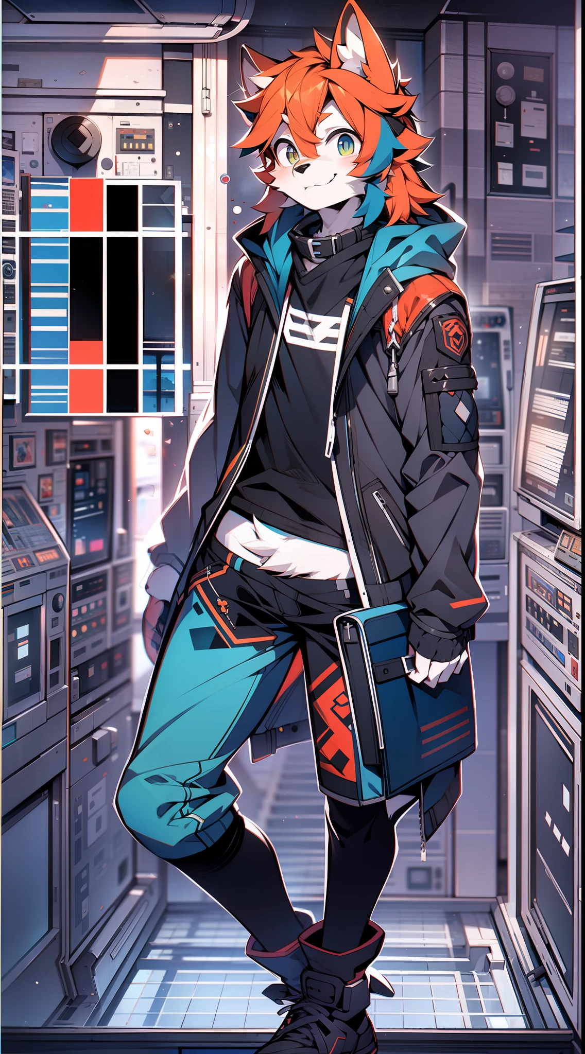 Furry:1.1 ，A wolf:1.5，Handsome，Shota：1.6，Blue-orange hair:1.2，Extreme light and shadow:1.8，Wear black fingerless gloves:1.8，Wear black knee-length socks:1.8，Be red in the face:1.3，Handsome smile:1.7，Black women's bra:1.8，The background is a pool full of technology:1.8