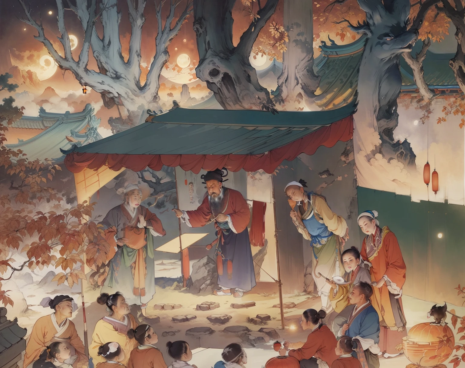 Ancient Chinese landscapes,Ancient buildings,Pavilions,Carved beams and paintings,enchanting scenery,Night,Moon light,Layered, Rich light and shadow,Mid-Autumn Festival, Ink painting style,clean color,Low-saturation colors,Colors of low brightness,Decisive cut,Leave white space,impressionistic,tmasterpiece,ultra - detailed,Epic composition, HighestQuali,hyper realisitc,Art germ --v 6