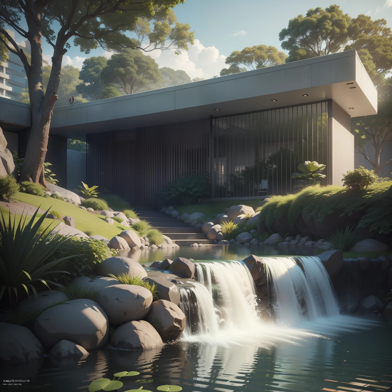 There is a small waterfall in the middle of a park with a building in the background, museum building, Arquitetura moderna,  high-quality render, architectural render, professional render, a photorealistic rendering, architectural visualisation, oi ultra, natural realistic render, hyper - realistic render, hyperrealistic rendering, beautifully detailed render