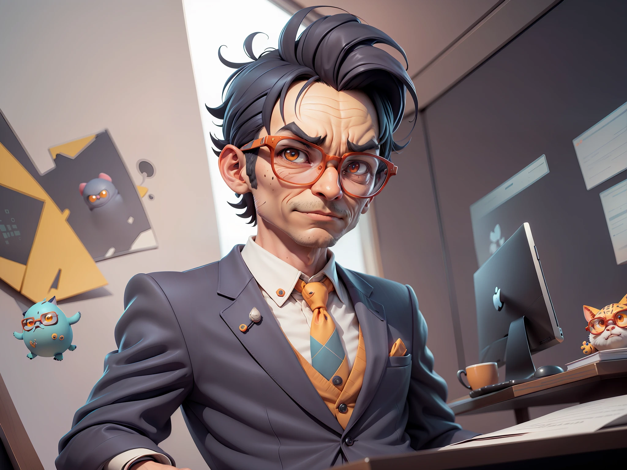 A young man in a suit, Short hair and glasses sat at his desk,holding laptop,digitial painting,tigre,3D character design by Mark Clairen and Pixar and Hayao Miyazaki and Akira Toriyama,4K HD illustration,Very detailed facial features and cartoon-style visuals。