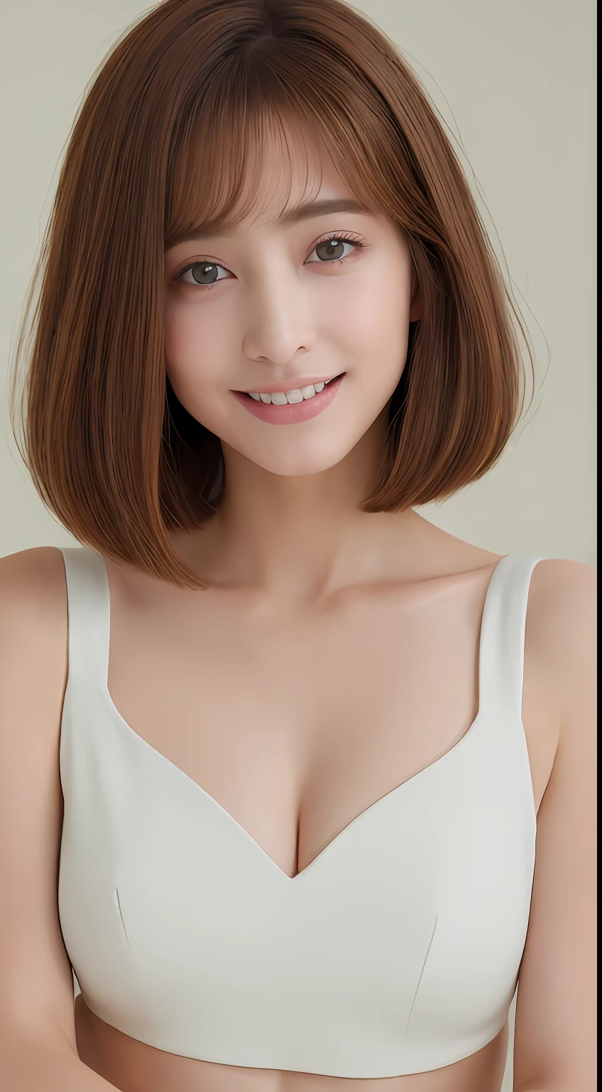 ((top-quality、8K、masterpiece:1.3))、20 years girl、Slim Abs Beauty:1.3、(Hairstyles Brown Hair Shortcuts、Colossal tits:1.2)、doress:1.1、Super fine face、Delicat eyes、二重まぶた、A smile、Home、Raw photo