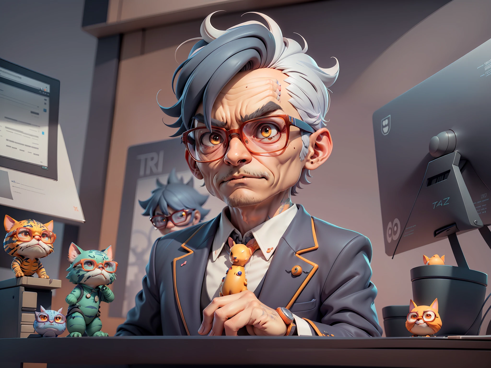A young man in a suit, Short hair and glasses sat at his desk,holding laptop,digitial painting,tigre,3D character design by Mark Clairen and Pixar and Hayao Miyazaki and Akira Toriyama,4K HD illustration,Very detailed facial features and cartoon-style visuals。