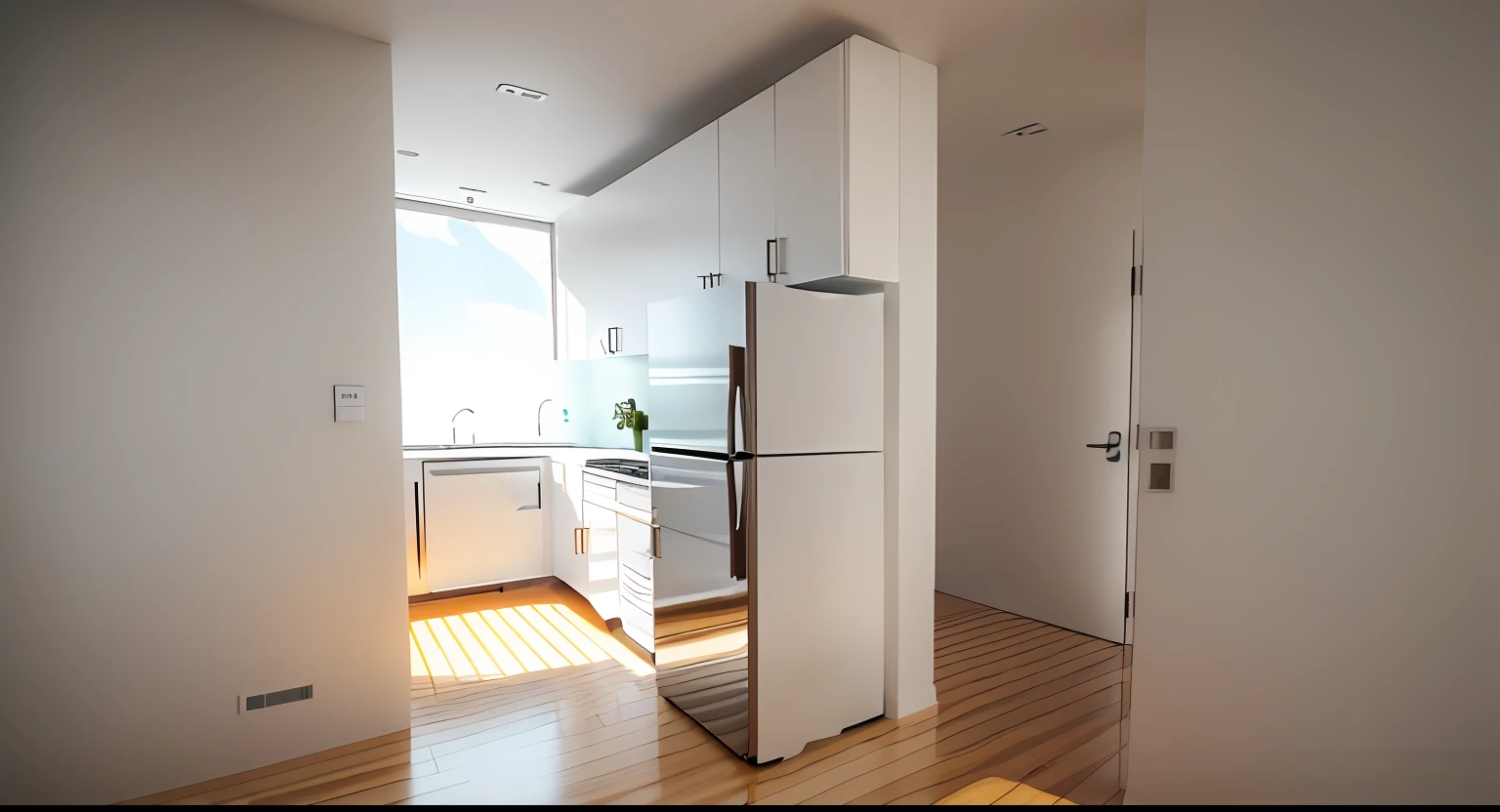 Rendering of kitchen with doors and windows, There is a refrigerator in the foreground, containing tables and walls, Hanging cabinets, strong ambient occlusion, Environmental occlusion, ambient reflective occlusion, There is a sink in the middle, ambient occlusion render, modeled in 3 d, Environmental occlusion:3, rendered 3d model
