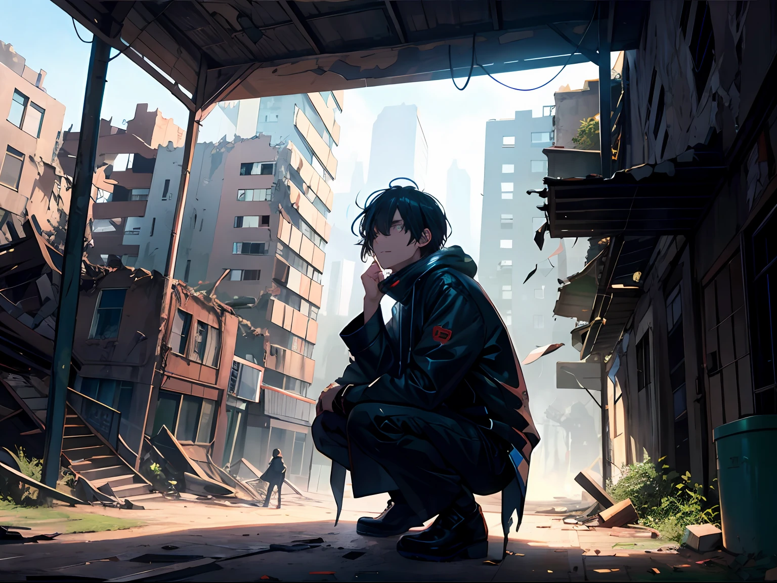 Ultra-clear,Optimal image,Fine illustration,One was dressed in black,Wrapped tightly around the ager,Squat in the shadows,Dilapidated city ruins,He was looking ahead