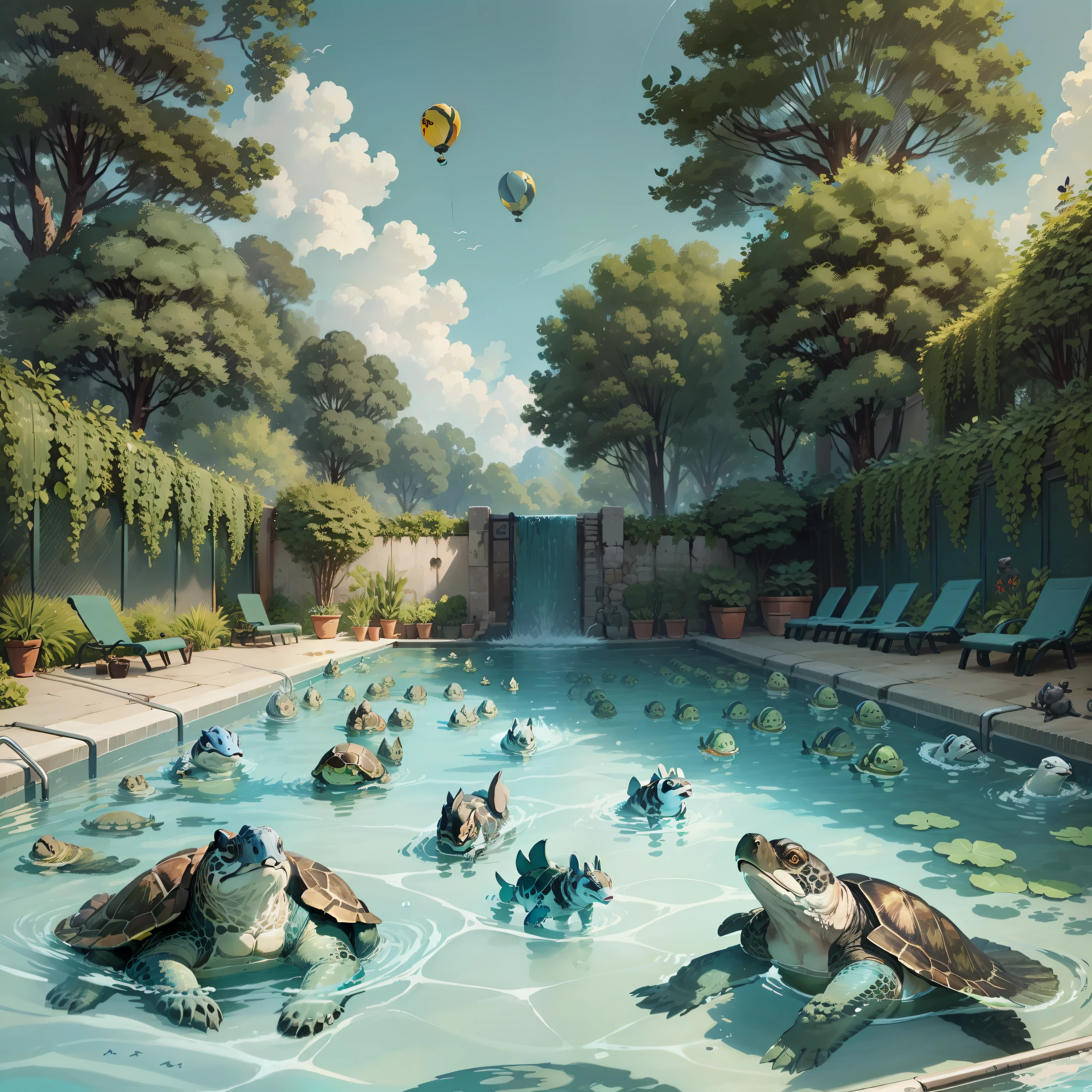 ((Animal games)),(Lots of turtles),Swimming pool,tmasterpiece,detailed detail,hyper HD,film effect,((swimmning)),boisterous,Animal viewers,((((intense competition)))),((Gentle style)),balloons
