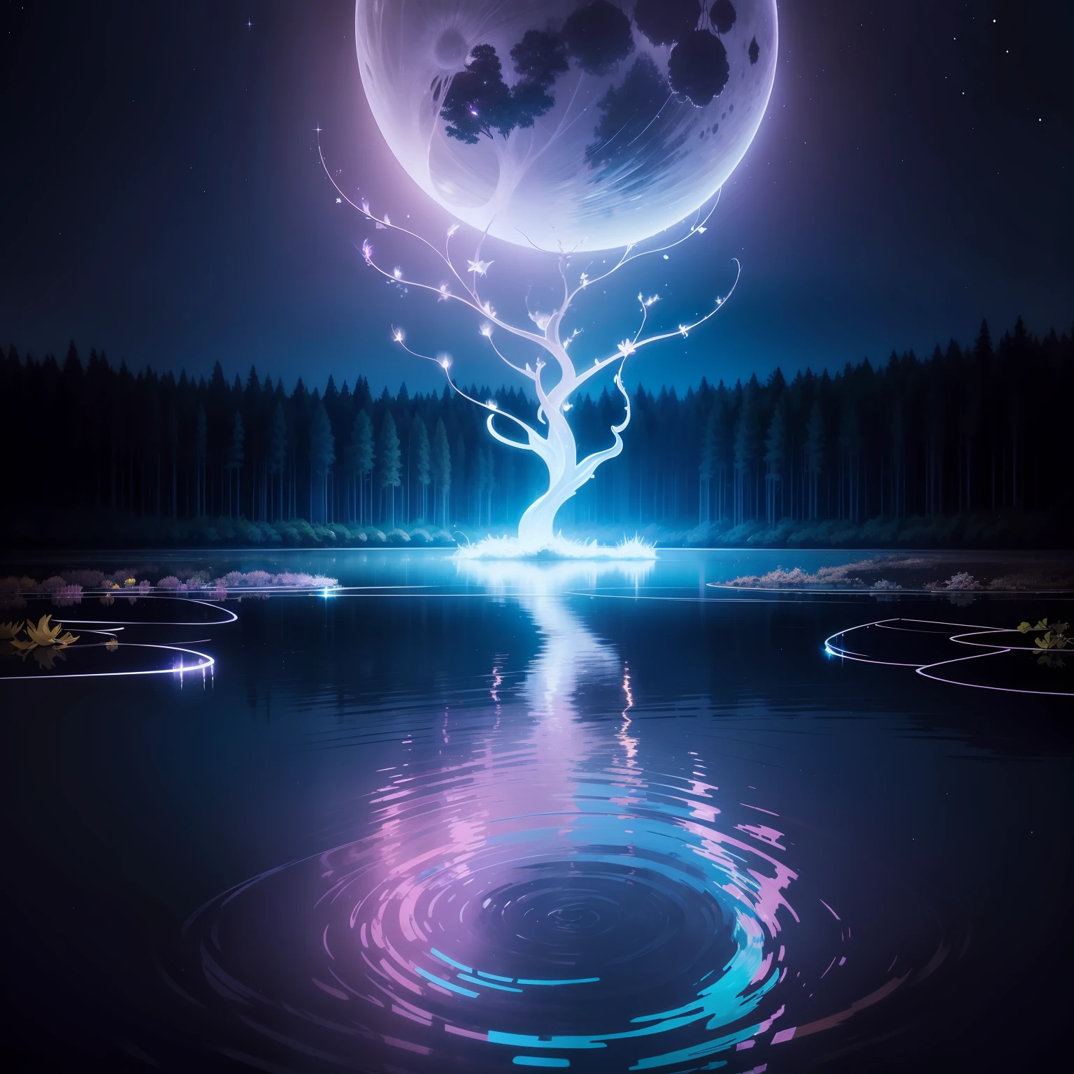 luna, entwined with dazzling glowing ribbons, reflected in the silent lake, surrounded by forest, where trees emit a soft, phosphorescent light. Magical lilies float on the surface of the lake, which give the water shimmering hues