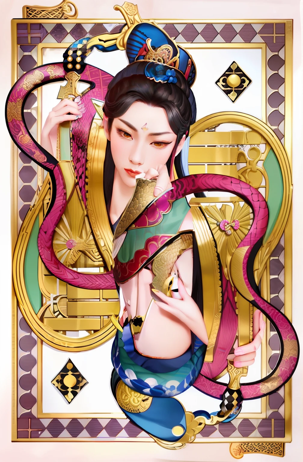 A drawing of a woman playing an instrument with a snake, symmetrical tarot illustration, inspired by Utagawa Kunisada II, inspired by Utagawa Kunisada III, inspired by Utagawa Kunisada, tarot card the empress, chinese empress, tarot design, high detal + tarot cards, inspired by Gao Kegong, inspired by Wang Yi