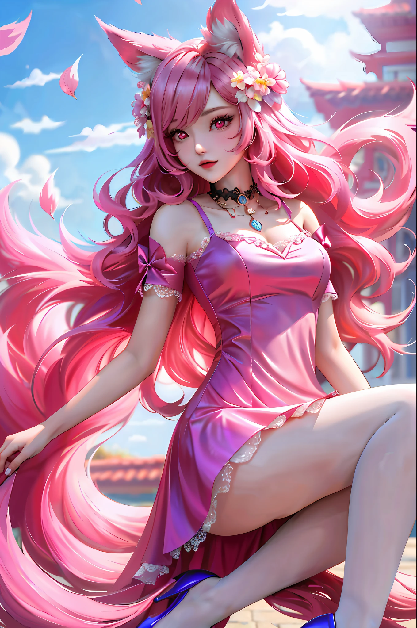 (tmasterpiece: 2.0,Best picture quality),(Ultra-fine eyes: 2.0),ph_REM,Remoud(1girll),A pink-haired,独奏,Purple eye,x Headgear,Lace leg ornament,Bow knot,lacepantyhose,cropped shoulders,ta shoes,Lolieels,full bodyesbian,Two hands,both legs,offcial art,rays of sunshine,peach blossom,SakuraNS。