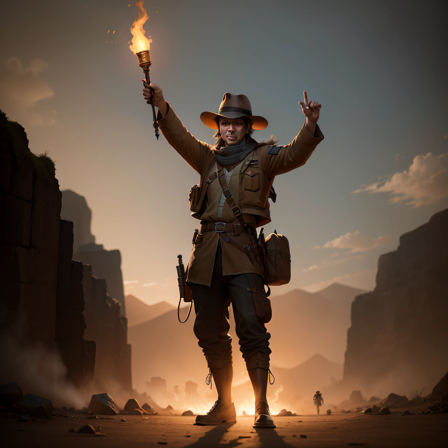 An explorer with a torch,(Torches are raised above your head),raiders of the lost ark,Back Shadow,(Full body photo),Wasteland wind,game scenes,best qualtiy, 超高分辨率,Movie lighting