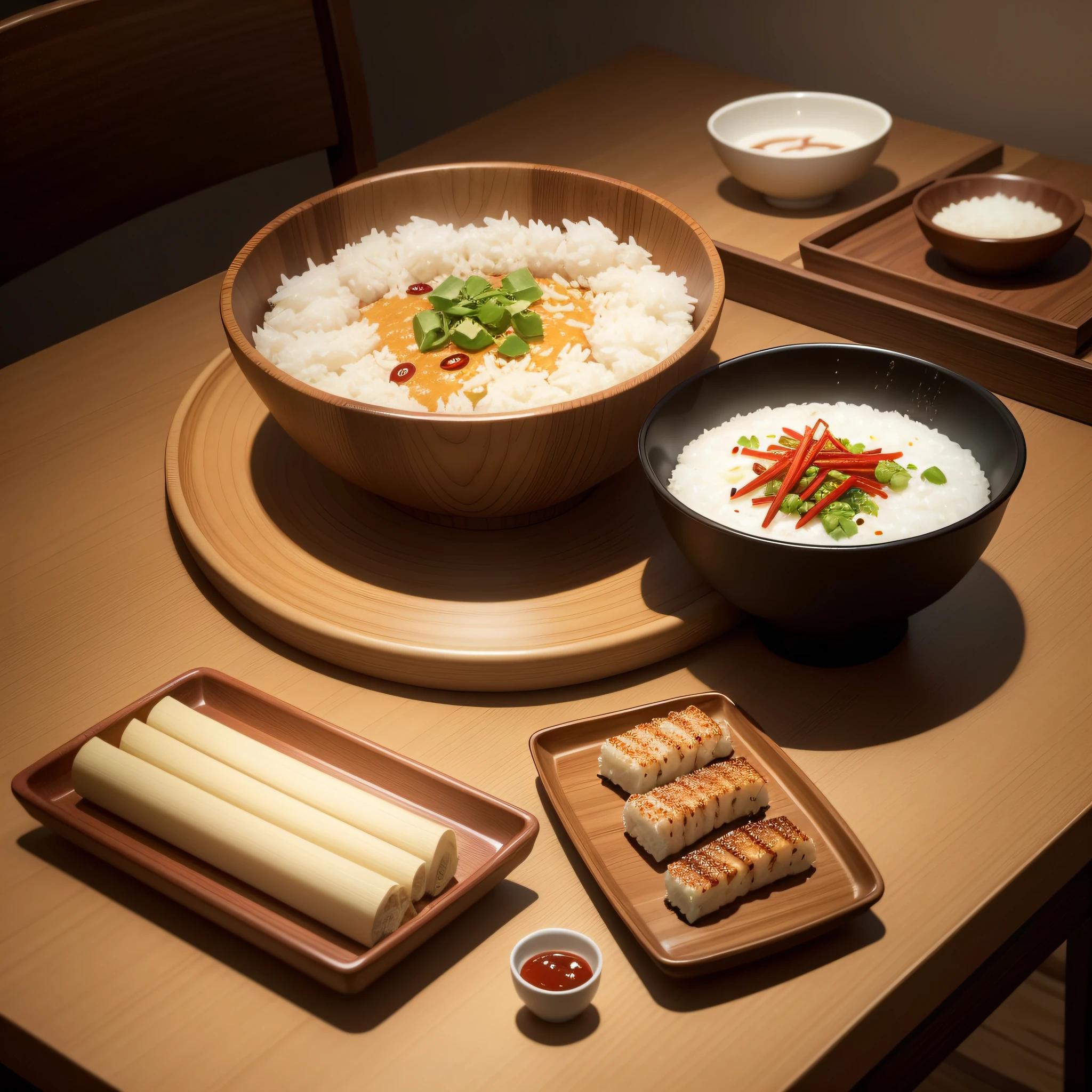 There is a tray on the dining table，There is a large bowl on the tray，That's about two-thirds of the picture，There is a pair of chopsticks next to the bowl，There is also a bowl of white rice，food photography，attractive