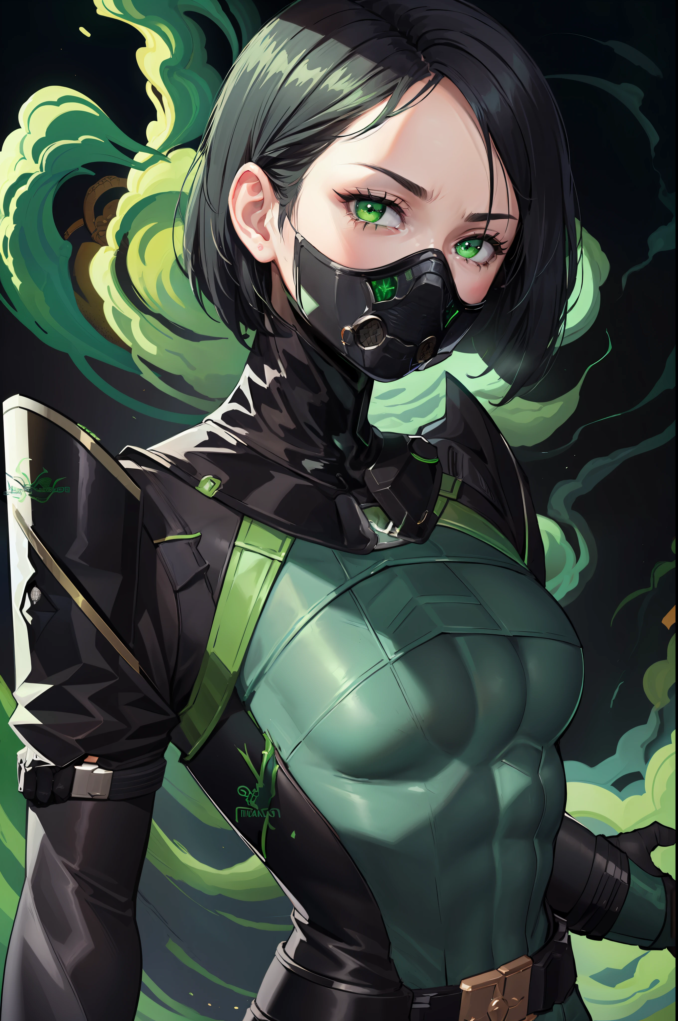 masterpiece, best quality, valorantviper, green bodysuit, elbow gloves, belt, gasmask, looking at viewer, face, portrait, close-up, glowing eyes, green smoke, black background