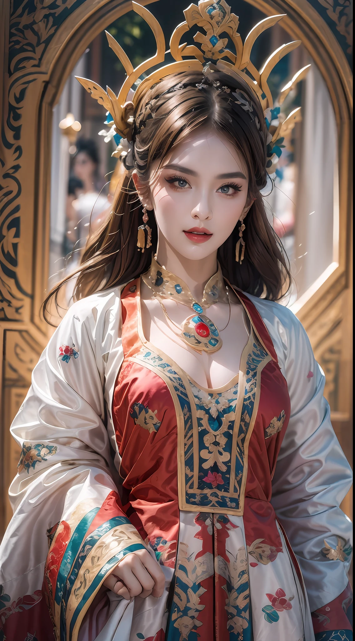 portrait of a beautiful 20 year old holy woman, wearing a thin multicolored silk dress, beautiful face without blemishes, ((natural smile:0.3)), Mouth closed, ((7-color hair length:1.2)), big crown, hair brooch, hanfu dress, chinese ancient style, full body jewelry, forehead tattoo, super even chest, face, red lips, delicate pink and white eyes (white and detailed) cinematic, light and dark, dramatic lighting, magical light, extremely detailed light, true color, super sharp, realistic, 8k quality, fantasy universe background, saints and magical space, the most detailed images, Exhibition photo, awarded, Eye-catching bright tone effect,