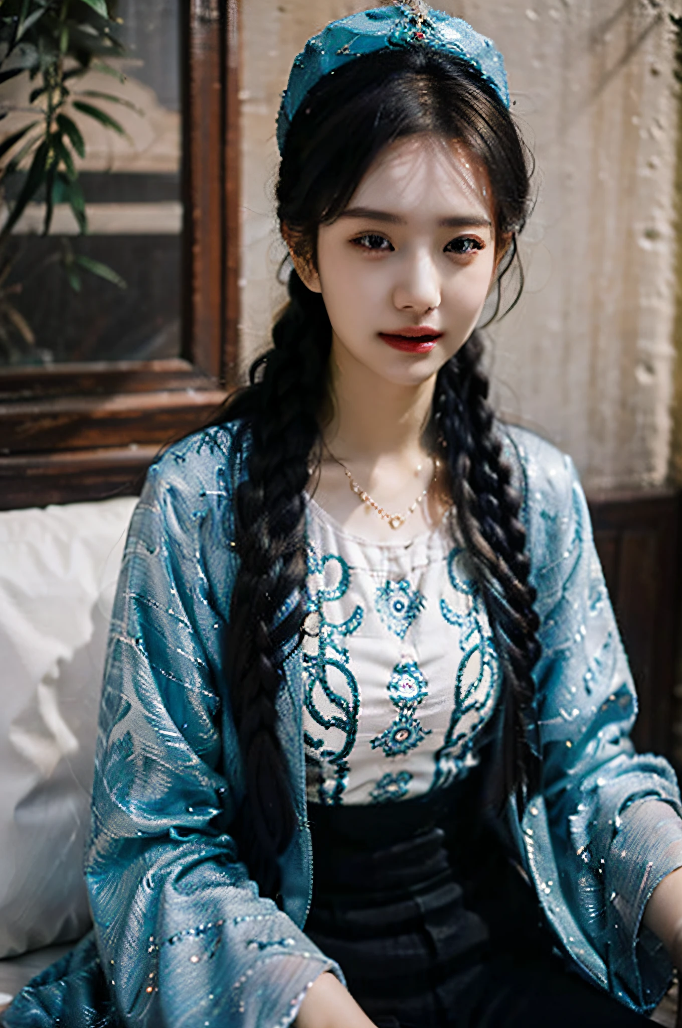 (Hyperrealistic,)4K,35mm,hyper-high detail, Professional lighting, Best quality, 超高分辨率, Visually stunning, (1girll:1.1), (Uyghur clothing 1.2),realskin,(Perfect body 1.3)(Ultra-delicate face)