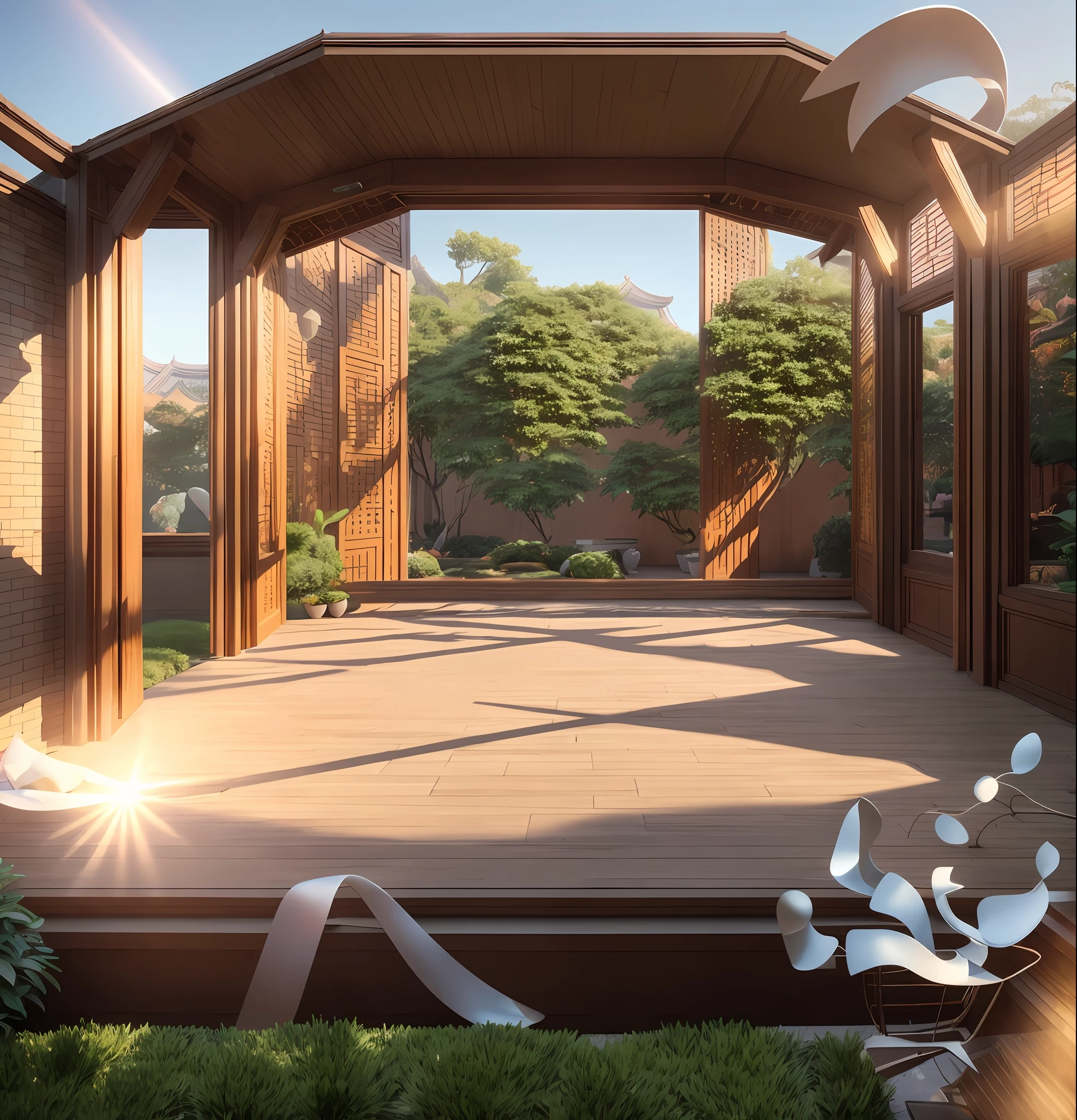 The outdoor scene has a strong Chinese style and a light-colored window scene，Sunny daytime，Light and shadow interlace，Create stunning visuals。The whole scene is dominated by light colors，Great，Keep the door open。As far as the eye can see is a spacious and elegant courtyard，Covered with lightweight masonry floors，A faint glow emanated from outside。Sunlight shines through the trees，The reflection leaves a mottled faint color on the ground，Presents a typical Chinese architectural style。From a distance，The carvings are beautifully gorgeous，real rendering，Not a night view，Best quality at best，highly  detailed，tmasterpiece，ultra - detailed，Extremely detailed CG unifies 8K, 8K, tmasterpiece，best qualityer， 8K， tmasterpiece， best qualtiy， high qulity， high detal， super detailing， A high resolution， hyper HD，Complete and unified