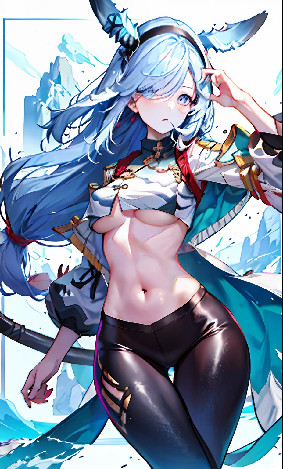tmasterpiece，best qualtiy，ultra - detailed，8k wallpaper，1girll， light blue  hair， light blue  eyes， nabel，head gear， looking at viewert， black colored leggings， groin，seas of mountain， Exposed breasts，Very long hair， plumw，Pale breasts，Wide buttock，One eye is covered with hair，face expressionless，Mature and sexy，Be red in the face，
(Expose the lower chest and navel)
The large\（BodyProportions\），