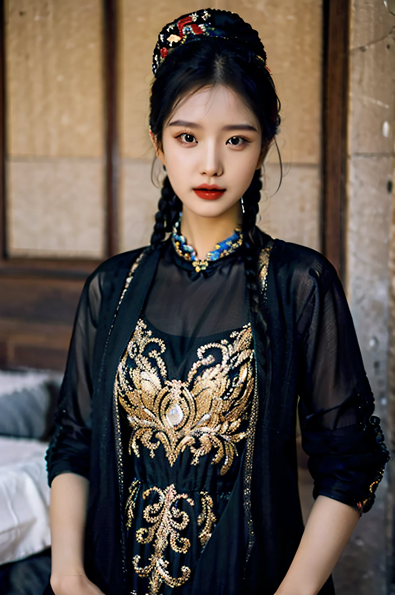 (Hyperrealistic,)4K,35mm,hyper-high detail, Professional lighting, Best quality, 超高分辨率, Visually stunning, (1girll:1.1), (Uyghur clothing 1.2),realskin,(Perfect body 1.3)(Ultra-delicate face)