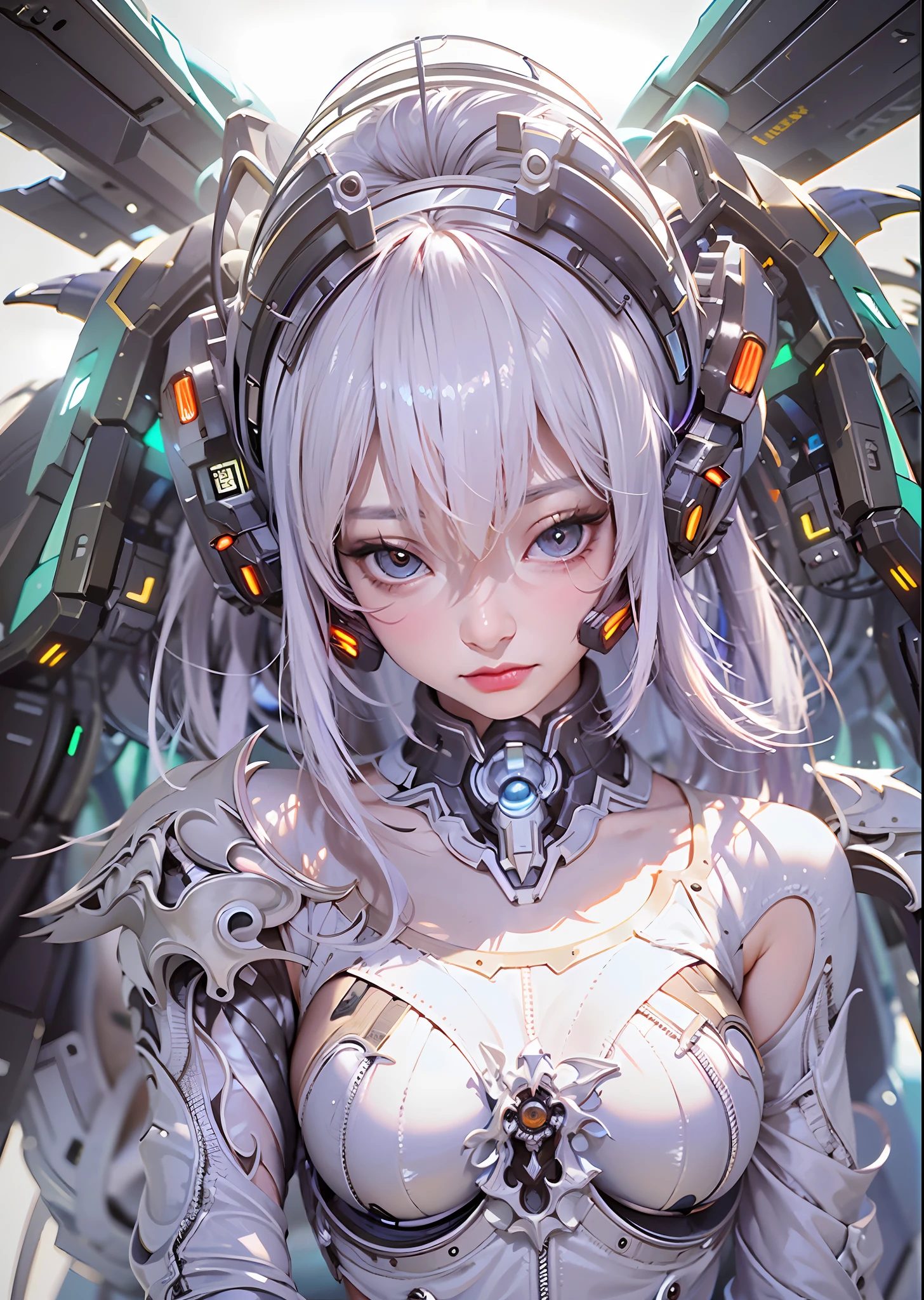 top-quality、​masterpiece、超A high resolution、(Photorealsitic:1.4)、Raw photo、Battle Cyborg Angel、large wings made of metal、White porcelain body、Acrylic Clear Cover、white  hair、glowy skin、1 Cyborg Girl、((super realistic details))、portlate、globalillumination、Shadow、octan render、8K、ultrasharp、character edge light,Colossal tits、Raw skin is exposed in cleavage、Details of complex ornaments、Roman details、Hydraulic cylinder、Small LED lamp、highly intricate detail、Realistic light、a purple eye、radiant eyes、Facing the camera、neon details、cowboy  shot、Futuristic headgear、About Cyberpunk、、