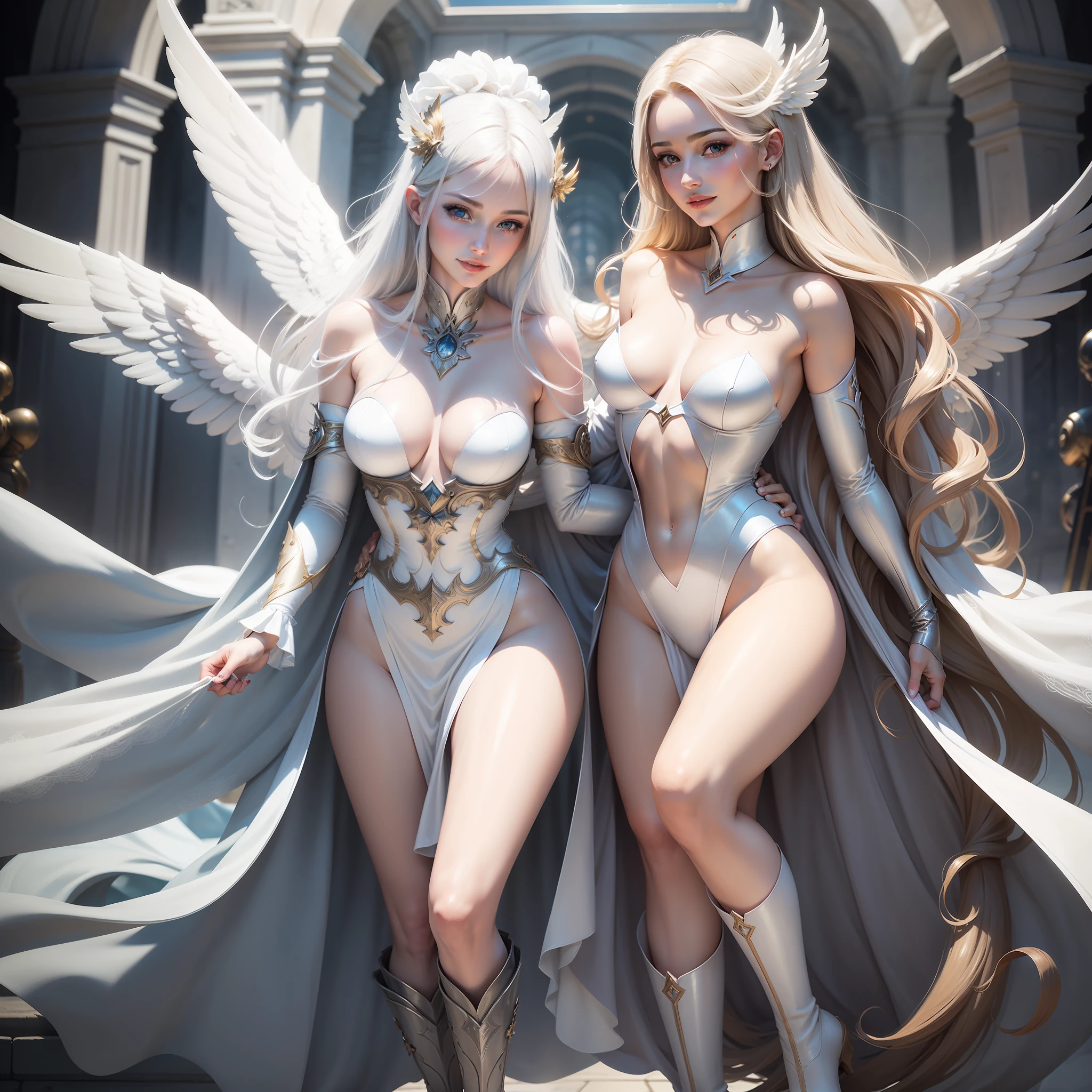 angelicales,Delicate and mature female angel,delicated face,28 year old,Delicate skin,A satisfied smile,White skin of the,full bodyesbian,Long legs,battle garment,(Medium chest),beauitful face,boot,