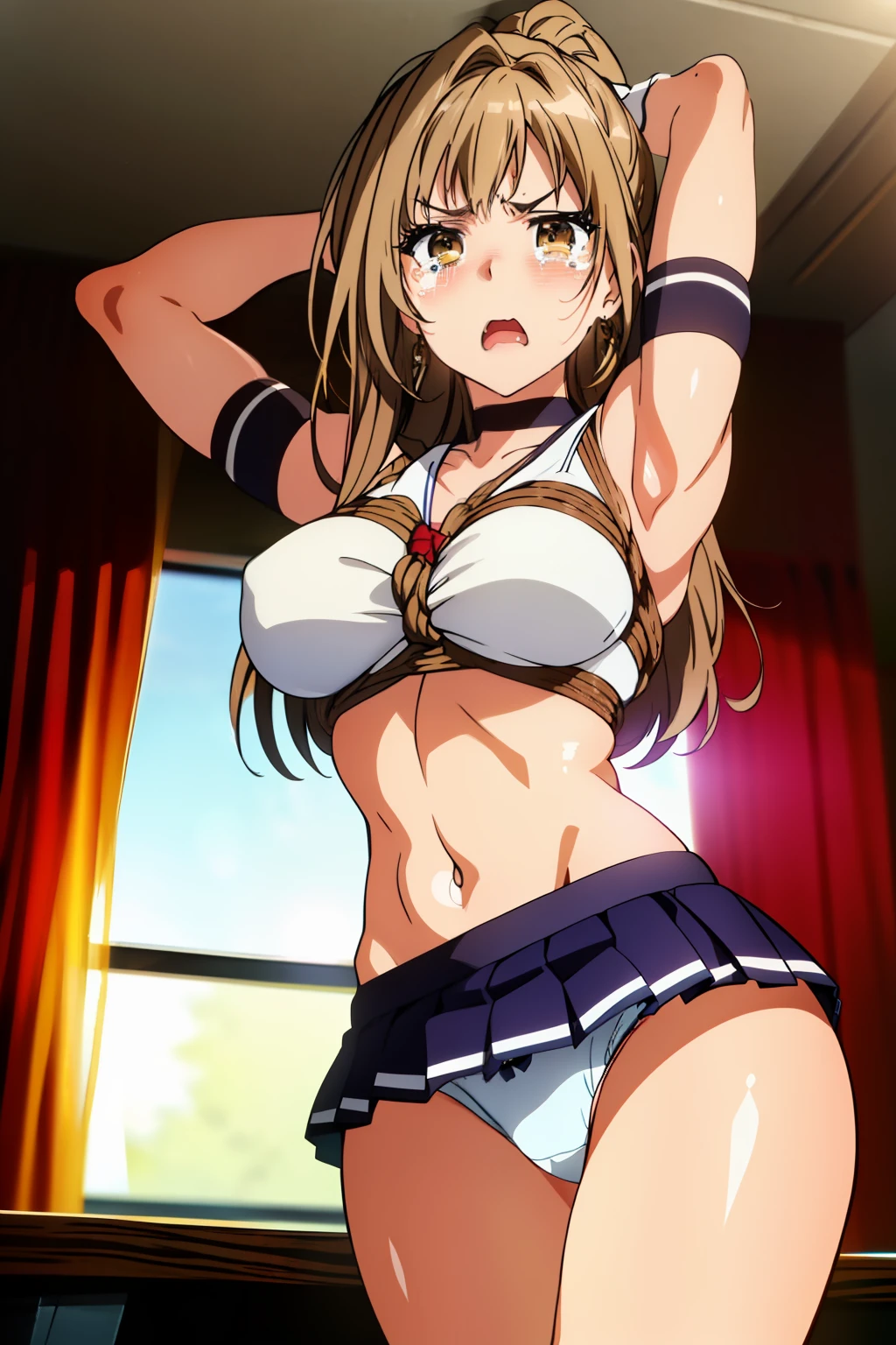 Sento Isuzu:1.2,cel anime,official art, (from very below,ceiling:1.3),cowboy shot,(day), classroom, (cute cheerleader uniform costume,cute super short box_pleated_miniskirt ,sexy_white_ panties,sexy bare thigh:1.2),(upskirt:1.2),(standing split legs,I-balanced,see panties from minisikirt:1.6),panties focus,brown_hair,light_brown_eyes,long_hair,ponytail,(rope shibari over the clothes:1.3),(arms behind head),
1 girl, 18yo,Young female,Beautiful Finger,Beautiful long legs,Beautiful body,Beautiful Nose,Beautiful character design, perfect eyes, perfect face,
(frown,shame,embarrassed,anger,troubled eyebrows,crying,opened eyes tightly,opened mouth,screaming,full face blushing,:1.2),(Beautiful,large_Breasts,natural pointy tits:1.1), (beautiful_face:1.5),(narrow_waist),panties,cameltoe, erotic,choker, white gloves, elbow gloves, jewelry, earrings,
NSFW,extremely detailed CG unity 8k wallpaper, perfect lighting,Colorful, Bright_Front_face_Lighting,
(masterpiece:1.0),(best_quality:1.0), ultra high res,4K,ultra-detailed,
photography, 8K, HDR, highres, absurdres:1.2, Kodak portra 400, film grain, blurry background, bokeh:1.2, lens flare, (vibrant_color:1.2),