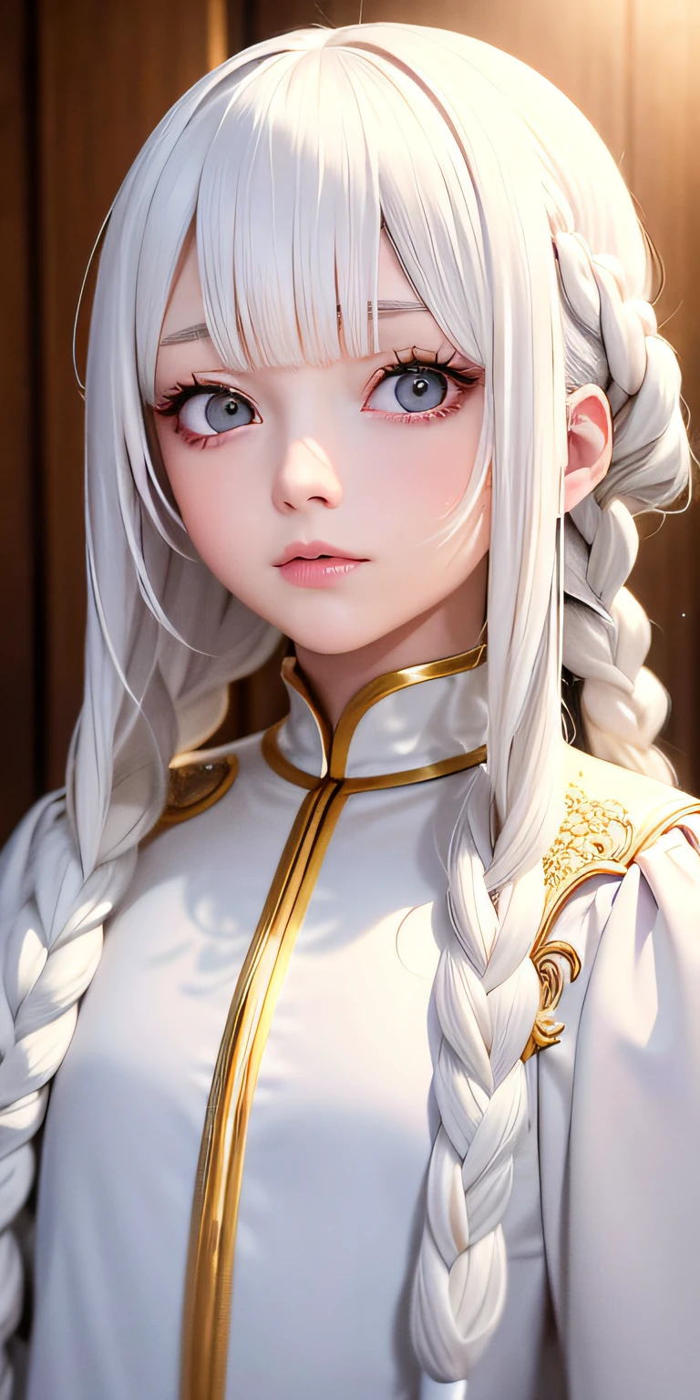 best quality, masterpiece,white hair, gold eyes,white clothes, looking up, upper body,hair strand,Fair skin,side braids