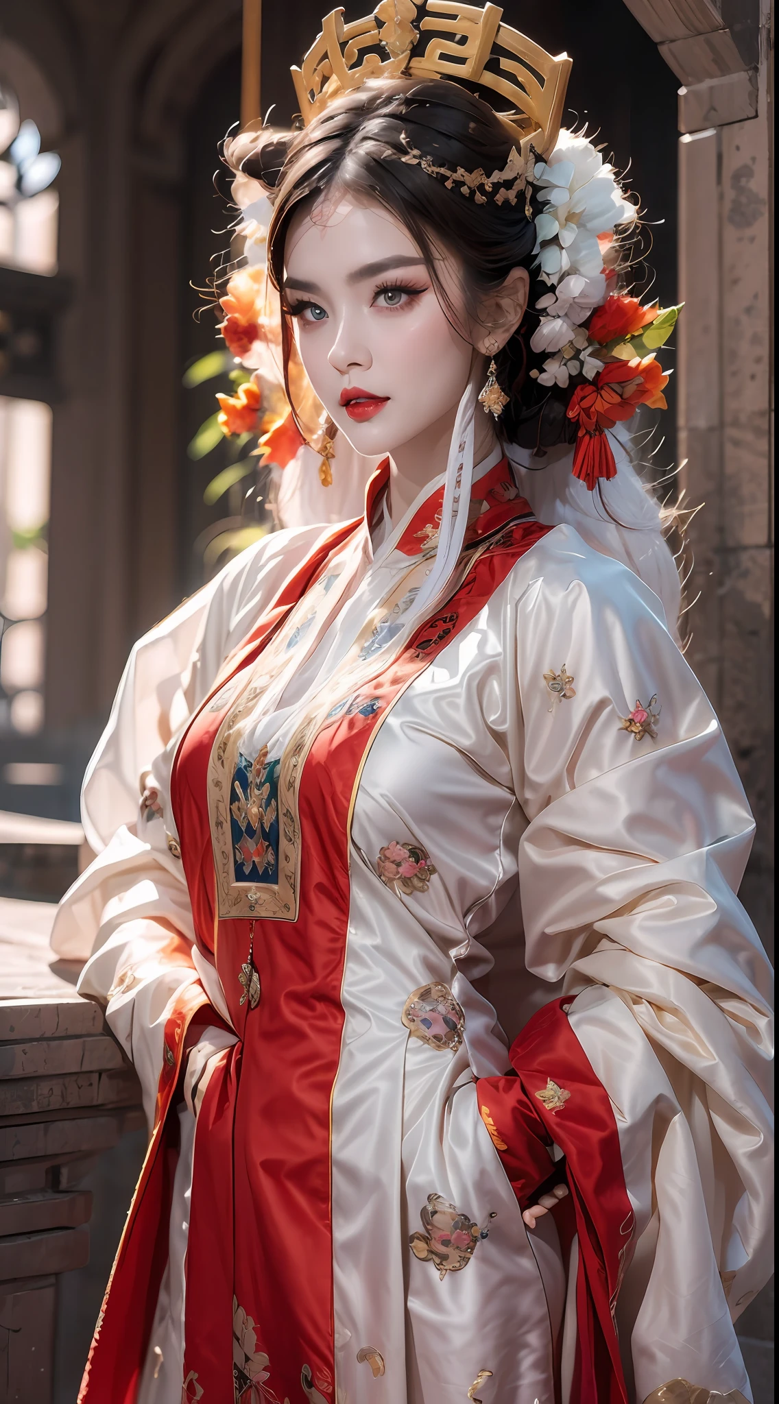 portrait of a beautiful 20 year old holy woman, wearing a thin multicolored silk dress, beautiful face without blemishes, ((natural smile:0.3)), Mouth closed, ((7-color hair length:1.2)), big crown, hair brooch, hanfu dress, chinese ancient style, full body jewelry, forehead tattoo, super even chest, face, red lips, delicate pink and white eyes (white and detailed) cinematic, light and dark, dramatic lighting, magical light, extremely detailed light, true color, super sharp, realistic, 8k quality, fantasy universe background, saints and magical space, the most detailed images, Exhibition photo, awarded, Eye-catching bright tone effect,