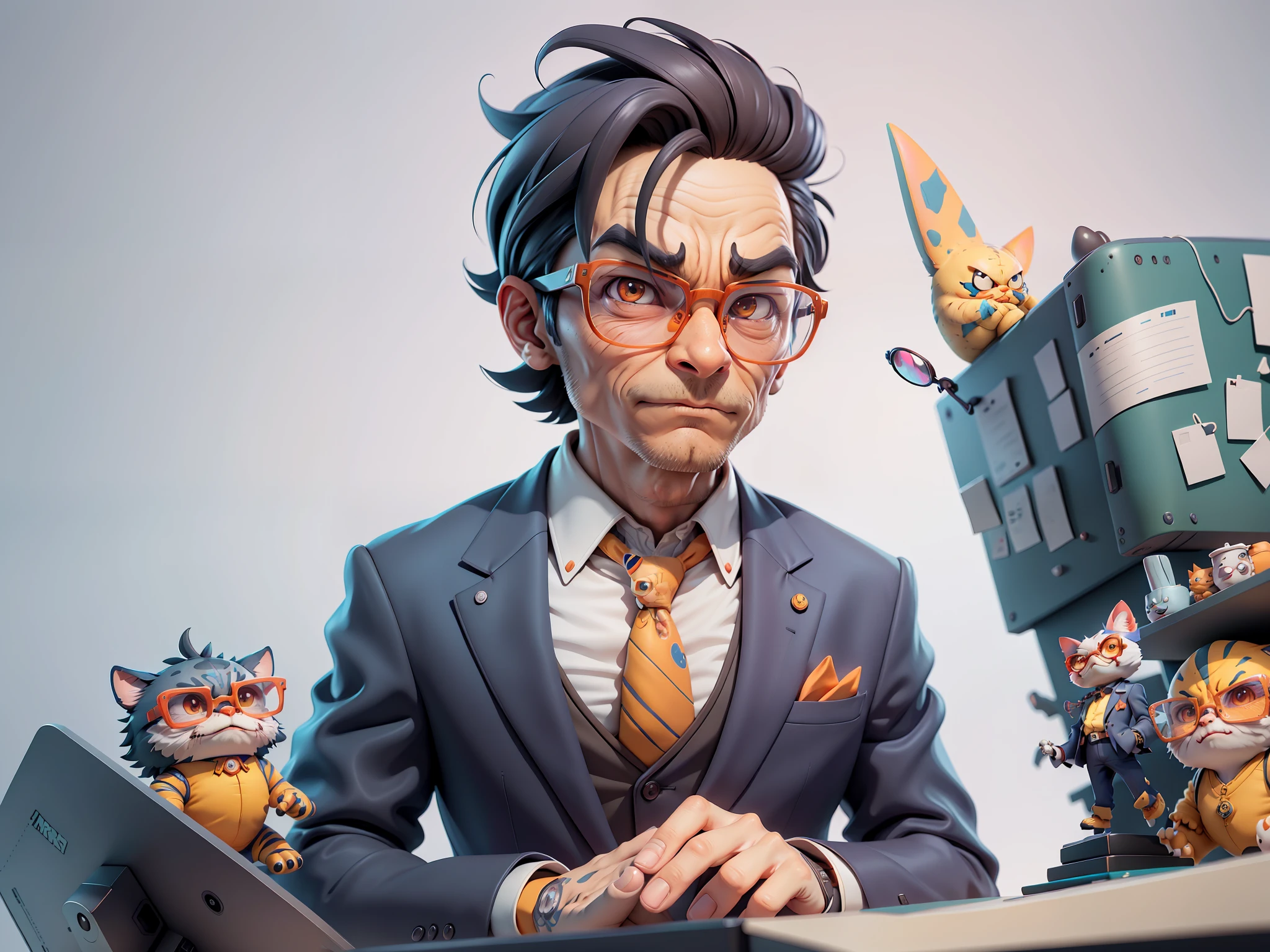 A young man in a suit, Short hair and glasses sat at his desk，holding laptop，digitial painting，tigre，3D character design by Mark Clairen and Pixar and Hayao Miyazaki and Akira Toriyama，4K HD illustration，Very detailed facial features and cartoon-style visuals。