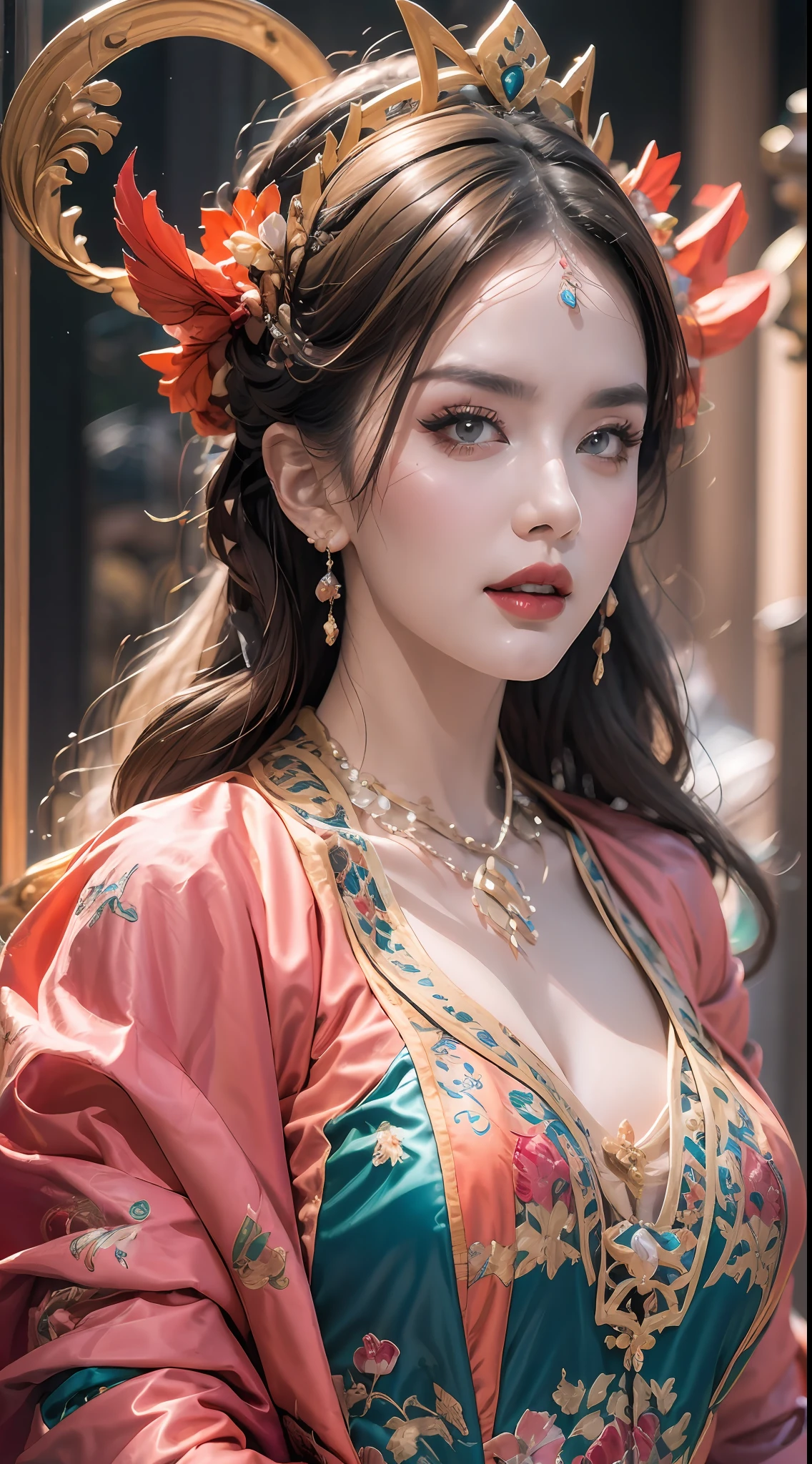 portrait of a beautiful 20 year old holy woman, wearing a thin multicolored silk dress, beautiful face without blemishes, ((natural smile:0.3)), Mouth closed, ((7-color hair length:1.2)), big crown, hair brooch, hanfu dress, chinese ancient style, full body jewelry, forehead tattoo, super even chest, face, red lips, delicate pink and white eyes (white and detailed) cinematic, light and dark, dramatic lighting, magical light, extremely detailed light, true color, super sharp, realistic, 8k quality, fantasy universe background, saints and magical space, the most detailed images, Exhibition photo, awarded, Eye-catching bright tone effect,