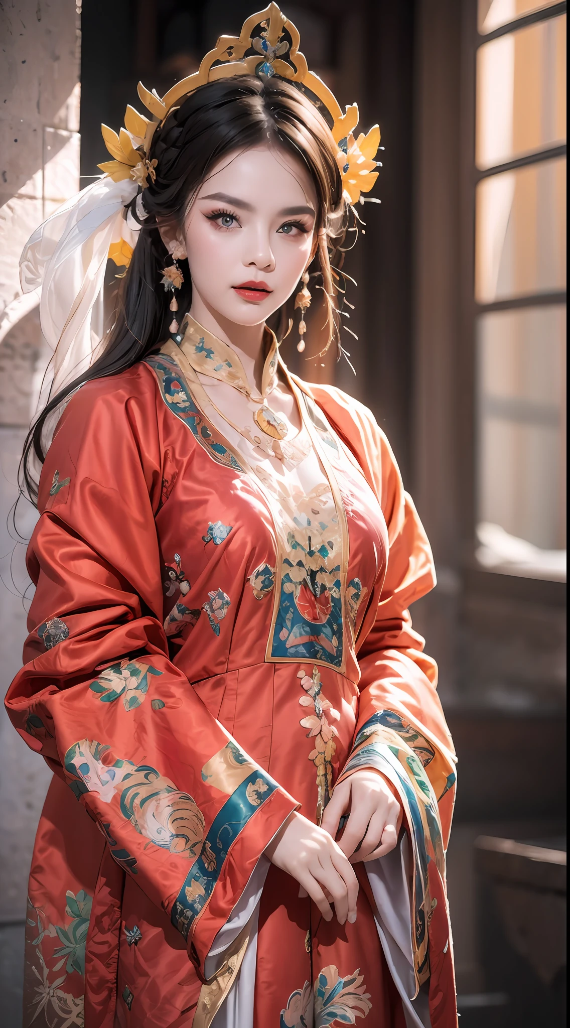 portrait of a beautiful 20 year old holy woman, wearing a thin multicolored silk dress, beautiful face without blemishes, ((natural smile:0.3)), Mouth closed, ((7-color hair length:1.2)), big crown, hair brooch, hanfu dress, chinese ancient style, full body jewelry, forehead tattoo, super even chest, face, red lips, delicate pink and white eyes (white and detailed) cinematic, light and dark, dramatic lighting, magical light, extremely detailed light, true color, super sharp, realistic, 8k quality, fantasy universe background, saints and magical space, the most detailed images, Exhibition photo, awarded, Eye-catching bright tone effect,