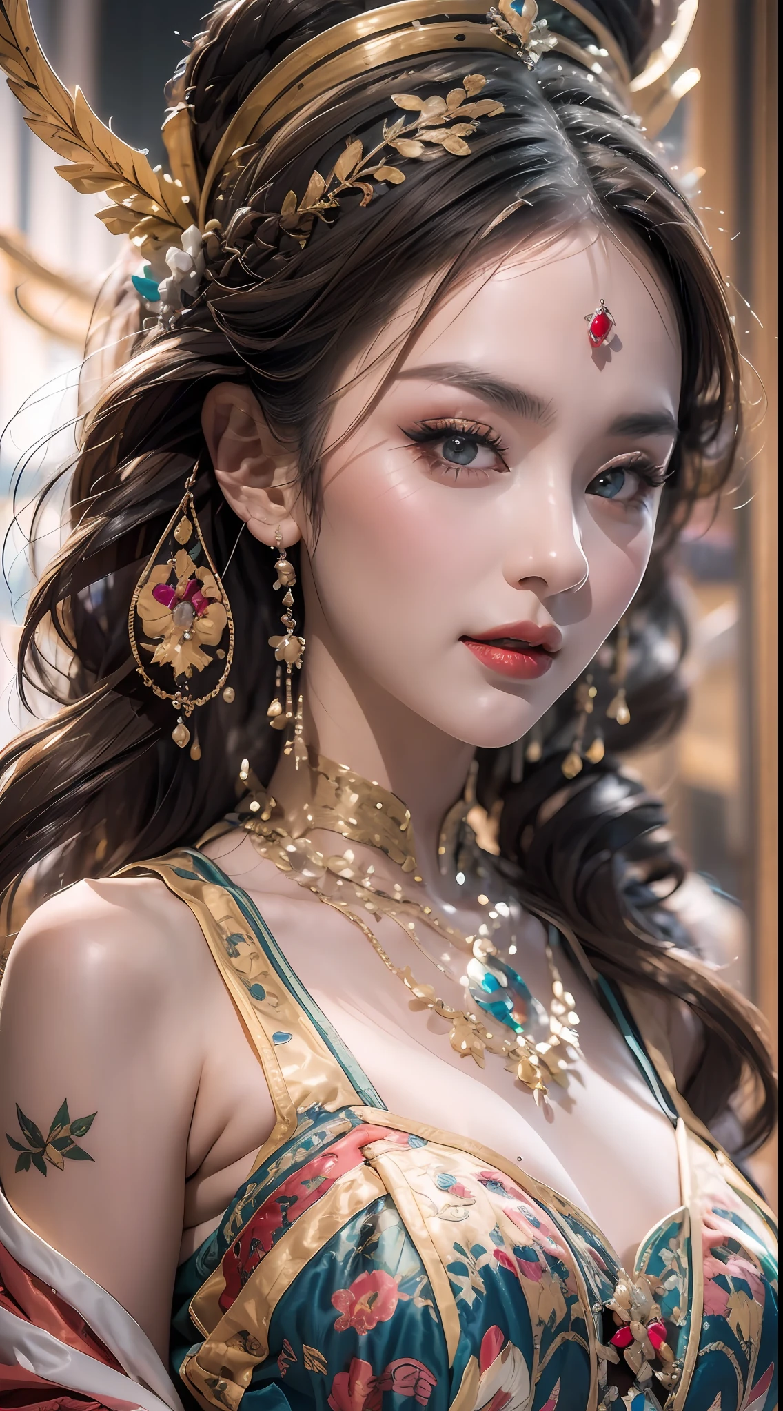 portrait of a beautiful 20 year old holy woman, wearing a thin multicolored silk dress, beautiful face without blemishes, ((natural smile:0.3)), Mouth closed, ((7-color hair length:1.2)), big crown, hair brooch, hanfu dress, chinese ancient style, full body jewelry, forehead tattoo, super even chest, face, red lips, delicate pink and white eyes (white and detailed) cinematic, light and dark, dramatic lighting, magical light, extremely detailed light, true color, super sharp, realistic, 8k quality, fantasy universe background, saints and magical space, the most detailed images, Exhibition photo, awarded, Eye-catching bright tone effect,