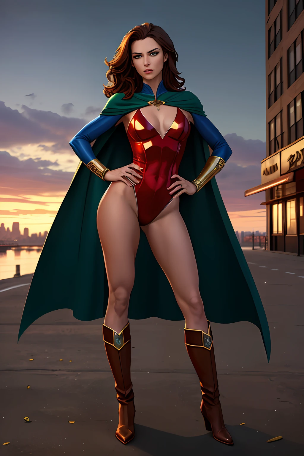 ((best quality)), ((masterpiece)), ((ultra realistic)), (dynamic heroic pose), american, beautiful detailed face, detailed eyes, sexy reporter, dressed in a red leotard, new york city backdrop, highly detailed, professional, bare legs, (full body), hands on hip, standing, brown hair, medium hair, green eyes, matching boots, long sleeves, yellow hawk-shaped crest engraved on chest, blue cape, cowboy shot