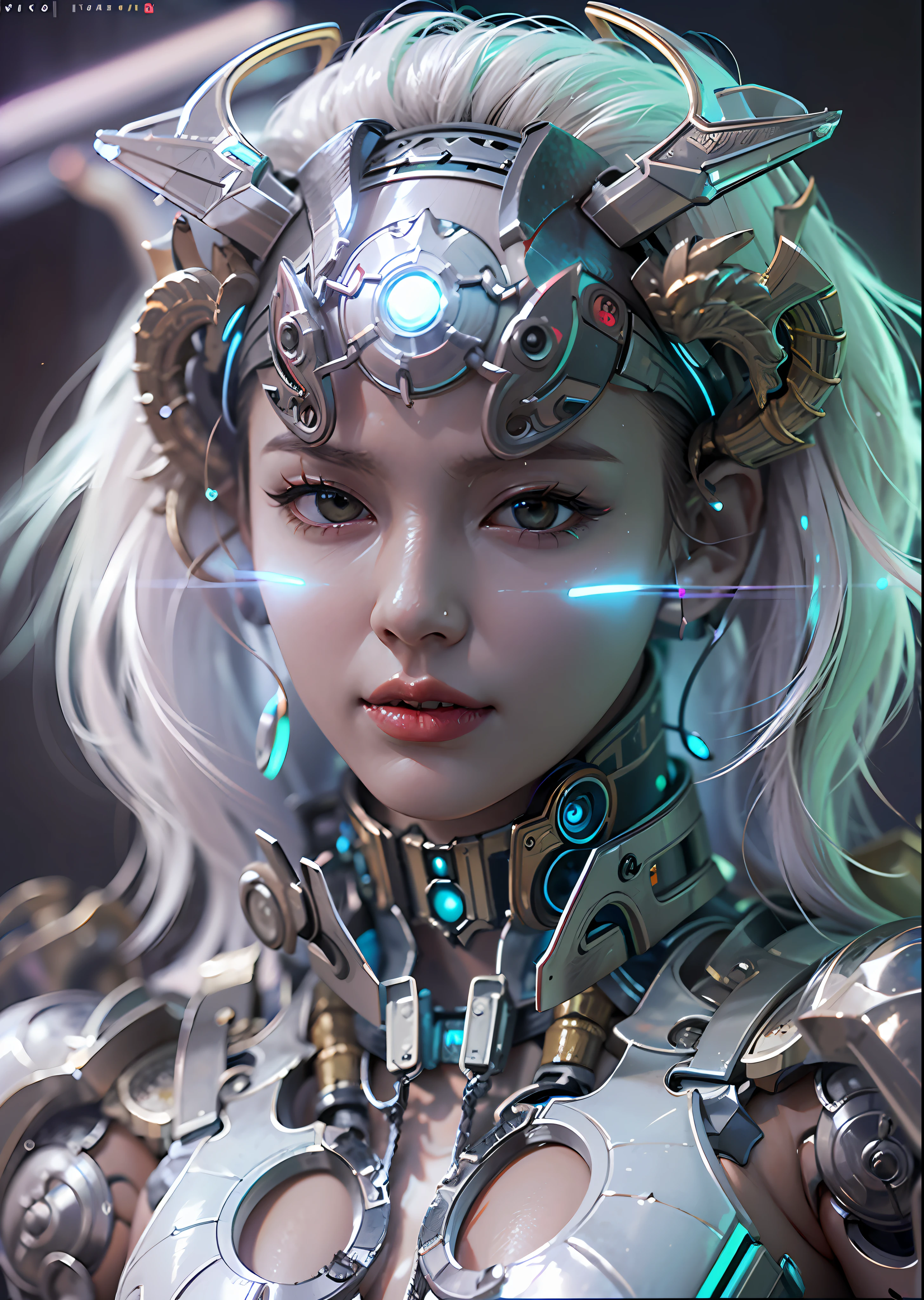 top-quality、​masterpiece、超A high resolution、(Photorealsitic:1.4)、Raw photo、Battle Cyborg Angel、large wings made of metal、White porcelain body、Acrylic Clear Cover、white  hair、glowy skin、1 Cyborg Girl、((super realistic details))、portlate、globalillumination、Shadow、octan render、8K、ultrasharp、character edge light,Colossal tits、Raw skin is exposed in cleavage、Details of complex ornaments、Roman details、Hydraulic cylinder、Small LED lamp、highly intricate detail、Realistic light、a purple eye、radiant eyes、Facing the camera、neon details、cowboy  shot、Futuristic headgear、About Cyberpunk、、