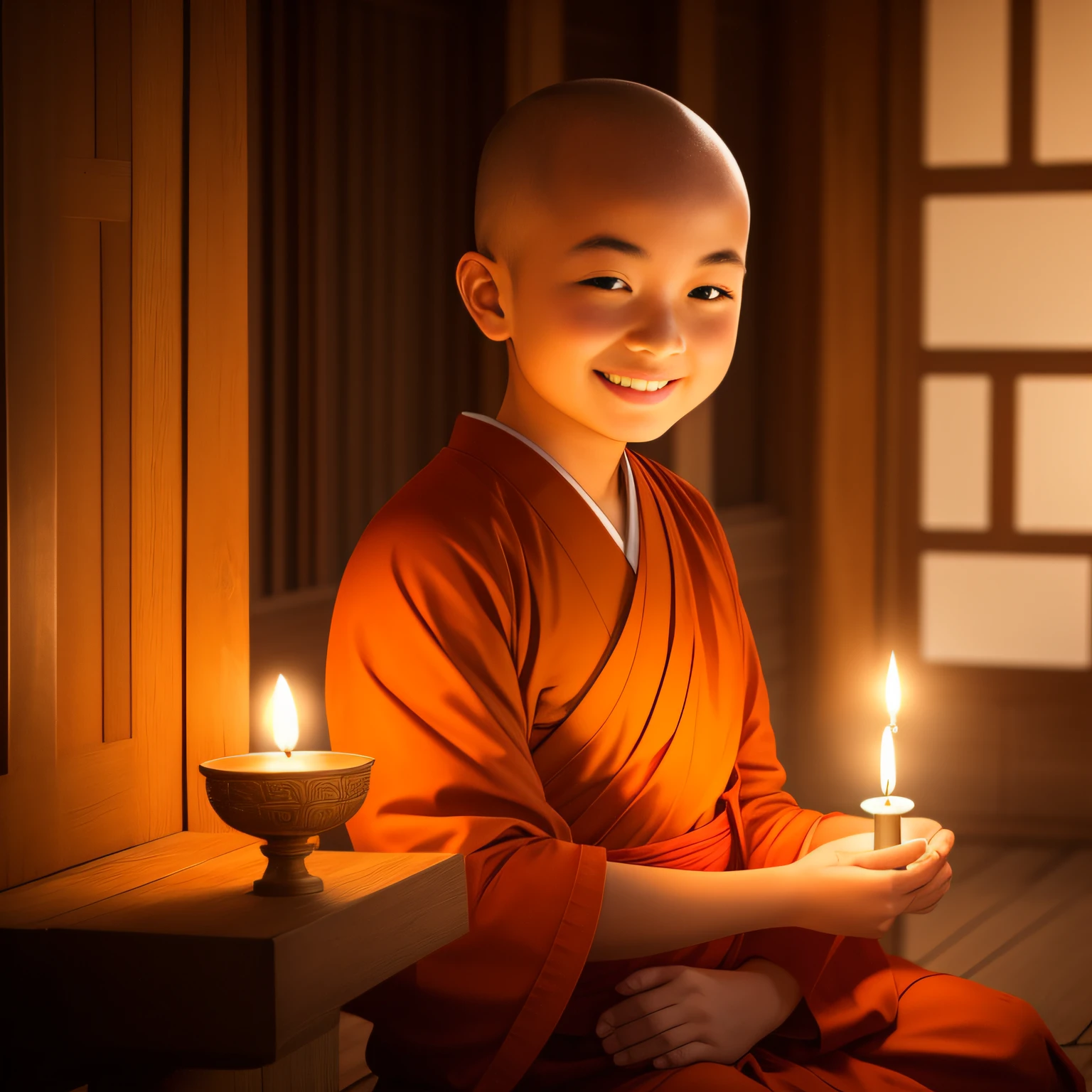 With a smile,Eyebrow beauty,A little monk without hair,Buddha statue sitting in front of the temple knocking wooden fish, buddhist monk, Buddhist, holding a candle, a serene smile, portrait shooting, ancient japanese monk, 2 1 st century monk, portrait of monk, kiddy big breasts, Glowing light, enlightening, monk, Spiritual enlightenment, 500px, 5 0 0 px, Serene expression