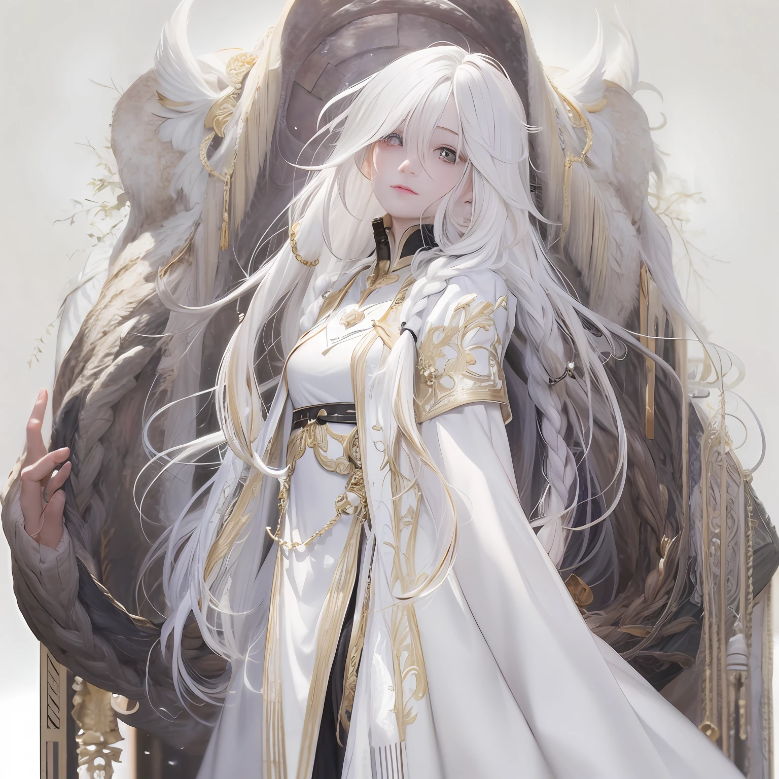 Manteau blanc,white skinned,White hair,long braid,Look up,Golden eyes,Need,tmasterpiece,