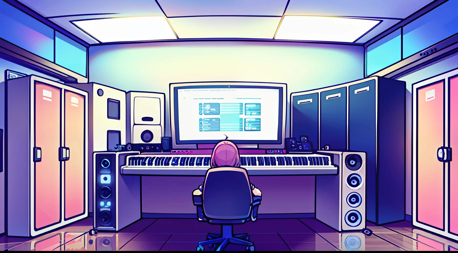 Music Production Room Computer Desk Note PC Monitor Speaker Electronic Piano pastels Girl with her back turned