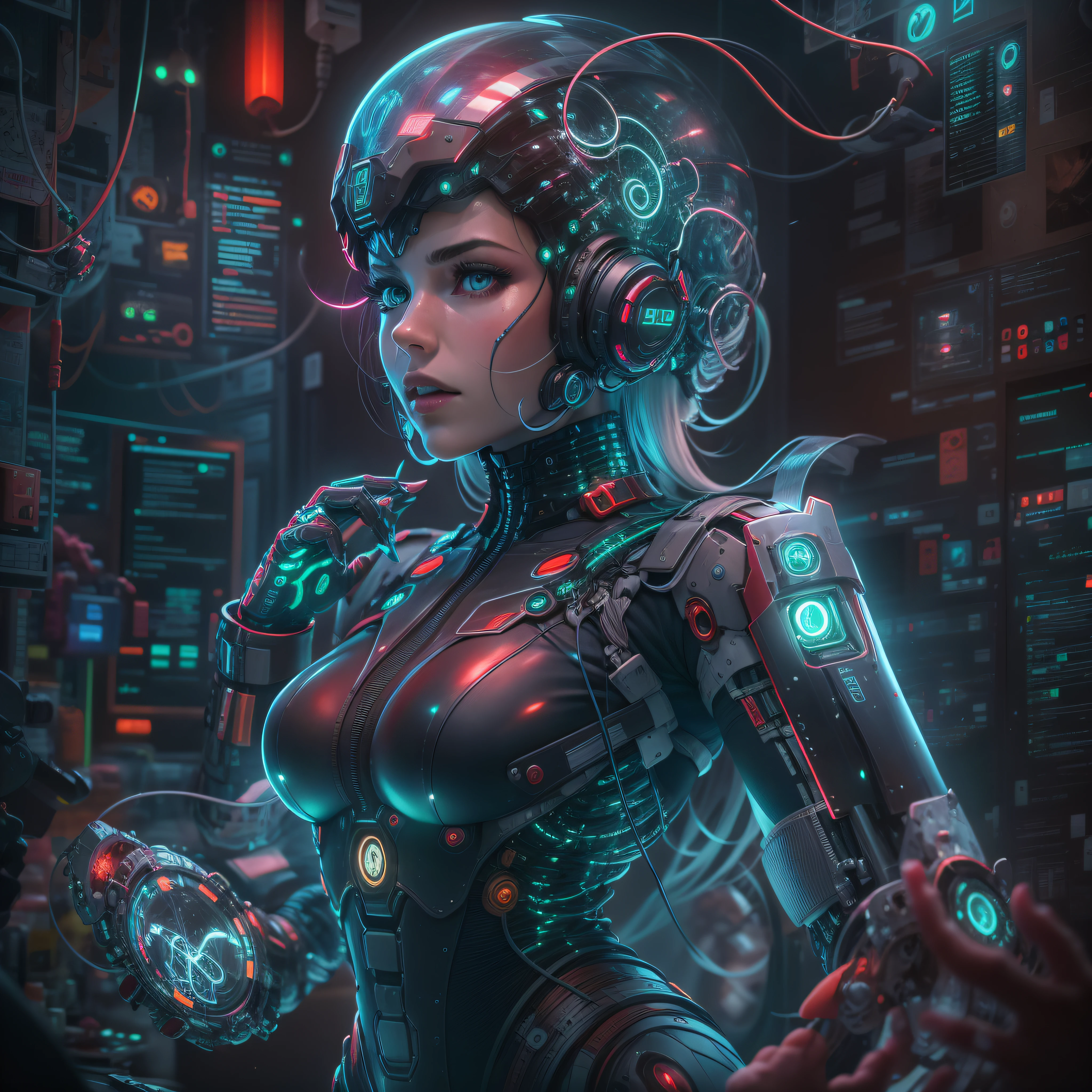 mujer cyborg exuberante y voluptuosa echa de cristal que deja ver su interior, repleta de motores, reles. circuitos y luces indicadoras led de color verde,azul y rojos. fondo sala de control de spacecraft. (( manos y dedos perfectos)).