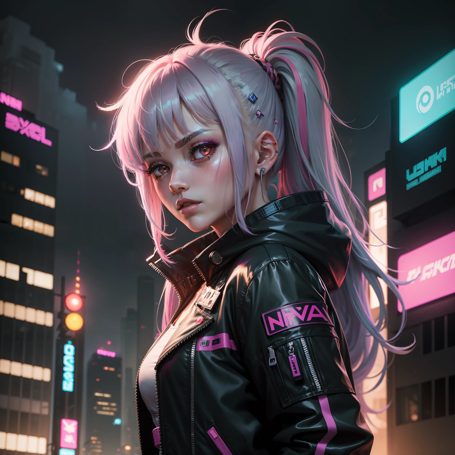 lucy \(cyberpunk\), 1girl, hair scrunchie, hime cut, silver hair, colored tips, full moon, gray eyes, jacket, long sleeves, looking at viewer, medium hair, colorful hair, parted bangs, parted lips, pink hair , portrait, red eyeliner, red lips, solo, white jacket, cyberpunk\(series\), cyberpunk city rainy night neon lights
