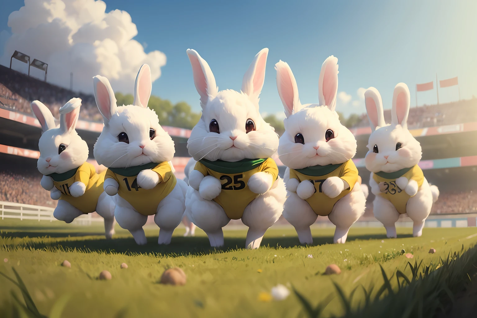 Sports stands, Fans, Running rabbits, Numbers on fluffy bunnies, rabbit ((race)), adorable fuzzballs, cute, kawaii, fluffy, (competition), stands, green lawn, motion, dynamic, masterpiece, ultra high-detail, complex background