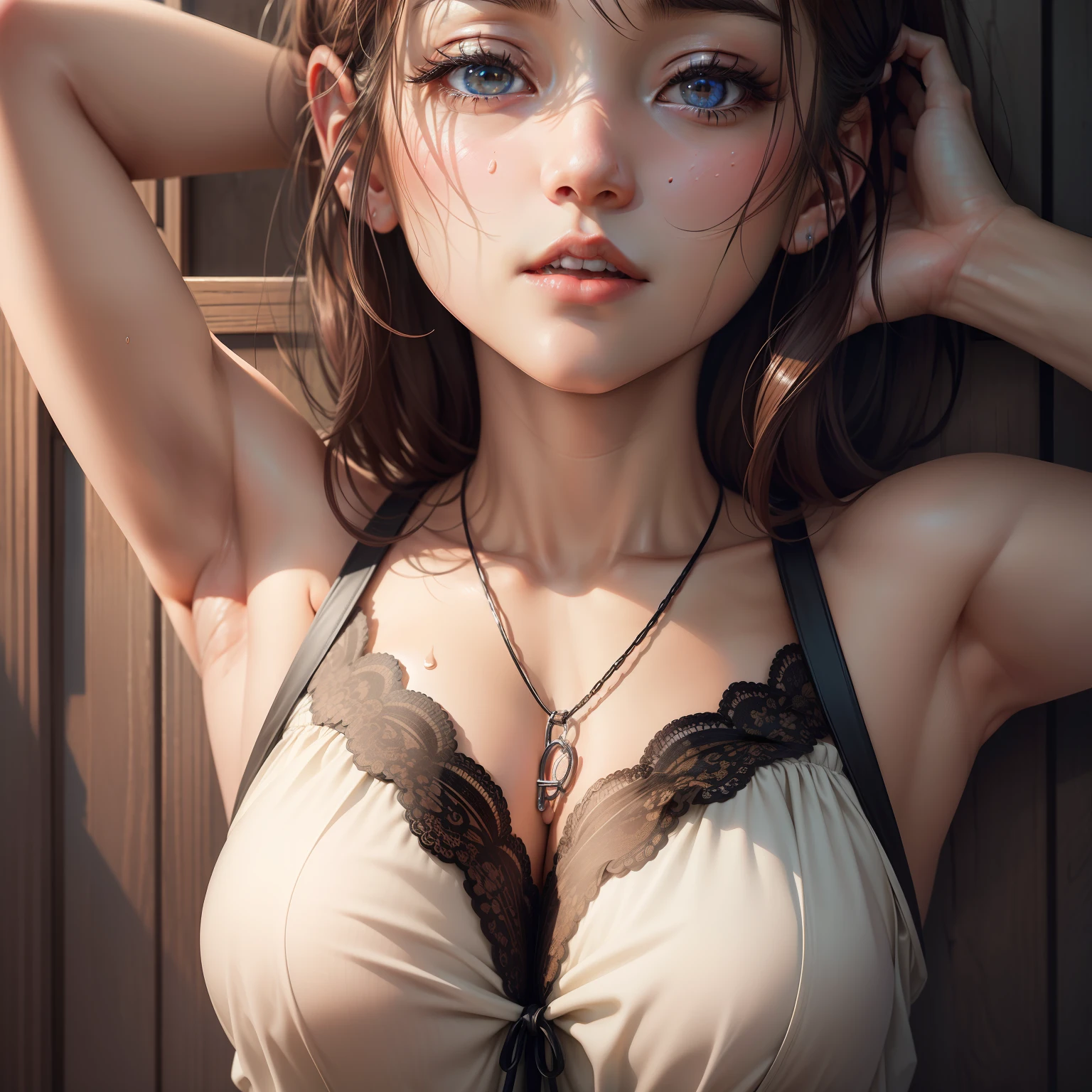 (A hyper-realistic),, (hight resolution), (8K), (ighly detailed), (The best illustrations), (beatiful detailed eyes), (top-quality), (ultra-detailliert), (​masterpiece), (wall-paper), (详细的脸), full of sweat,Upper body close-up,Armpit shorthair,japanes, Raw photo、Chained、浴室