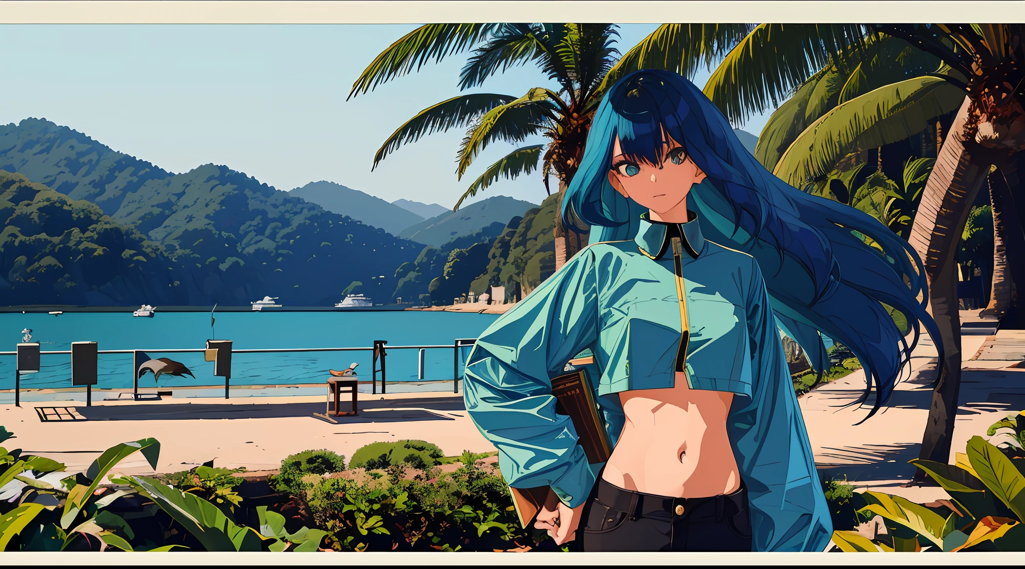 Teenage girl, slim body, model, very long blue hair, 170 centimeter height, palm cockatoo bird, parrot, crop top innerwear, long coat outwear, fashion, photography, nature background, detail, magazine style, unique angle