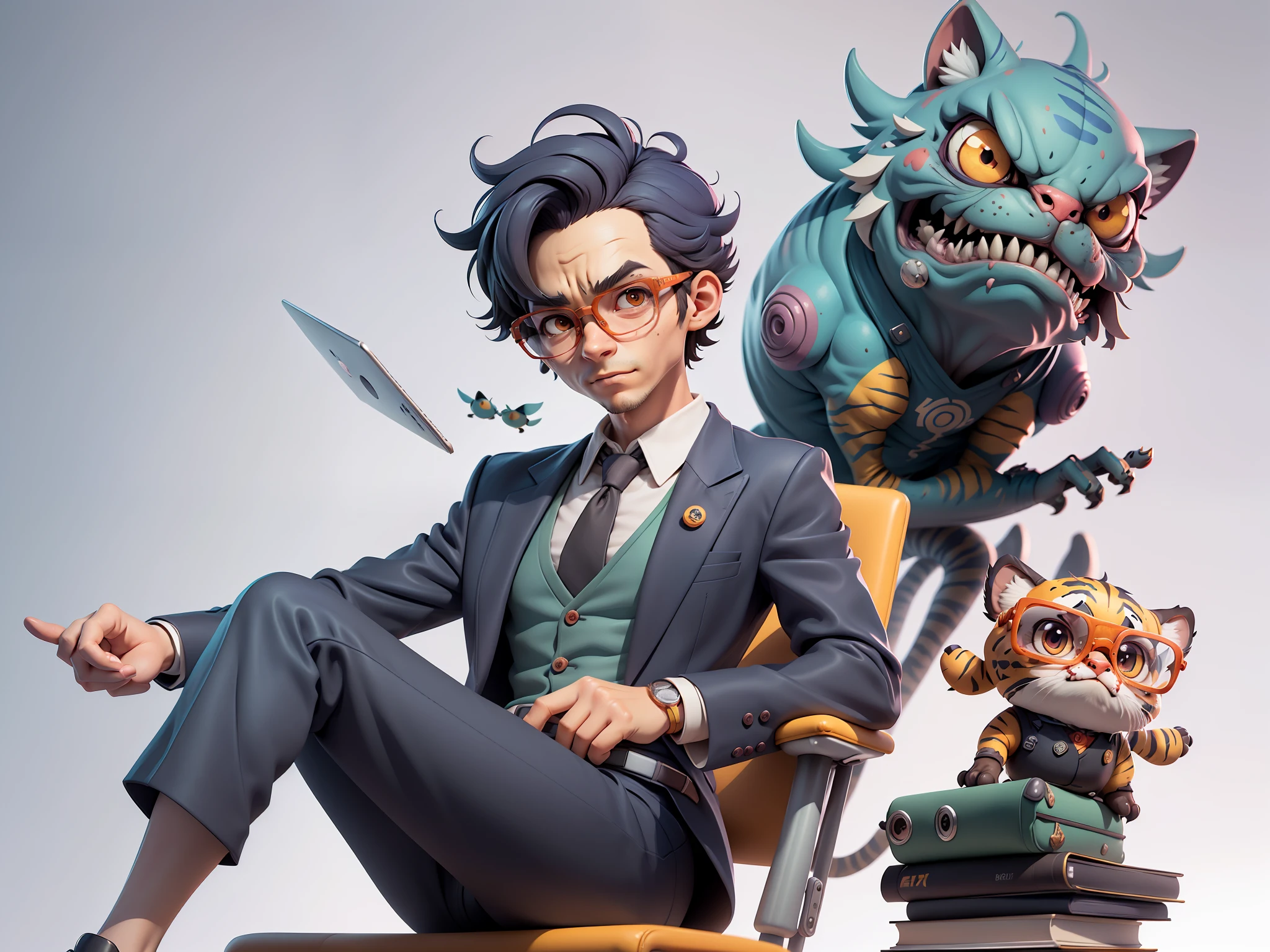 A young man in a suit, Short hair and glasses sat at his desk,holding laptop,digitial painting,tigre,3D character design by Mark Clairen and Pixar and Hayao Miyazaki and Akira Toriyama,4K HD illustration,Very detailed facial features and cartoon-style visuals。
