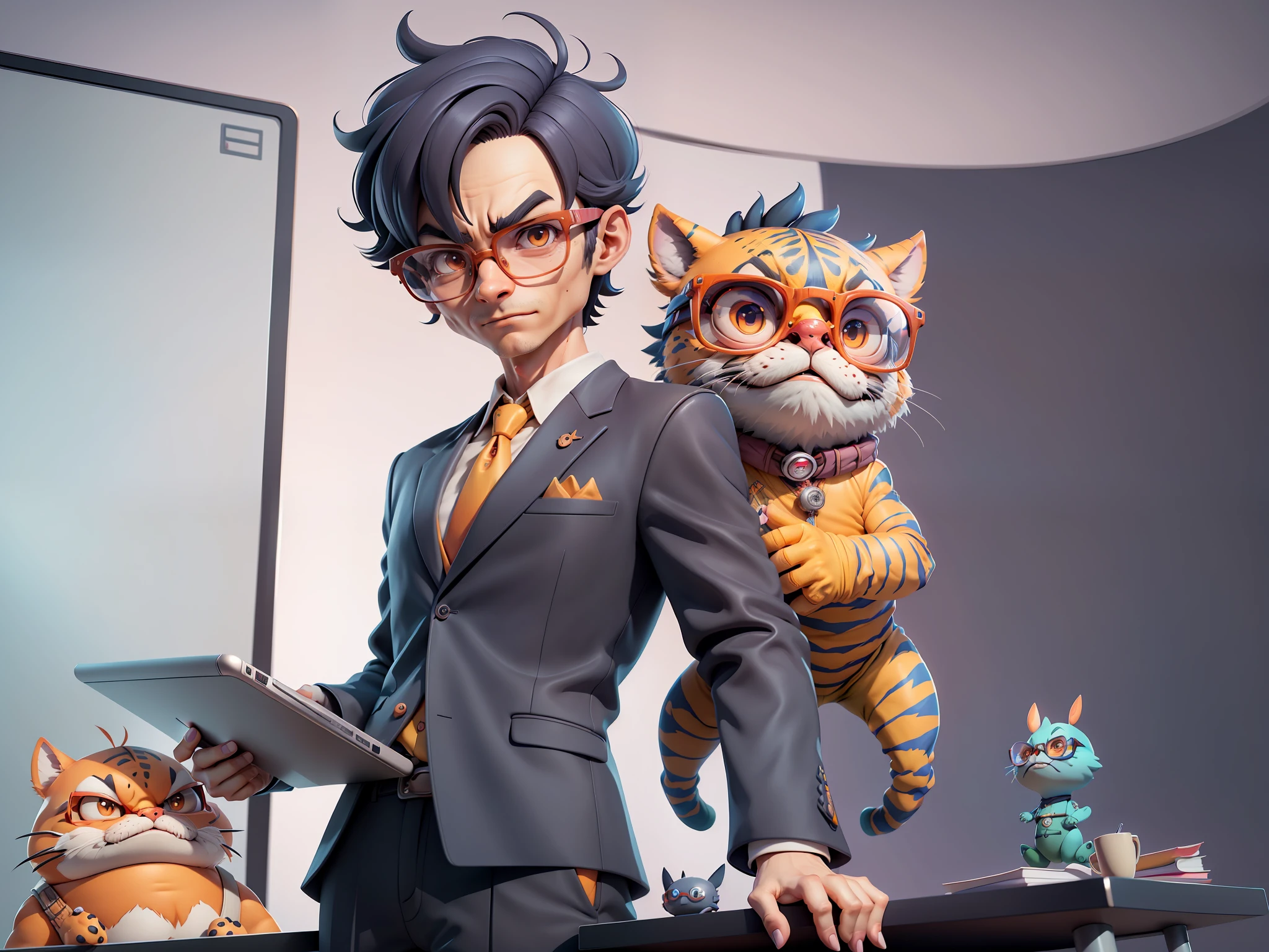 A young man in a suit, Short hair and glasses sat at his desk，holding laptop，digitial painting，tigre，3D character design by Mark Clairen and Pixar and Hayao Miyazaki and Akira Toriyama，4K HD illustration，Very detailed facial features and cartoon-style visuals。