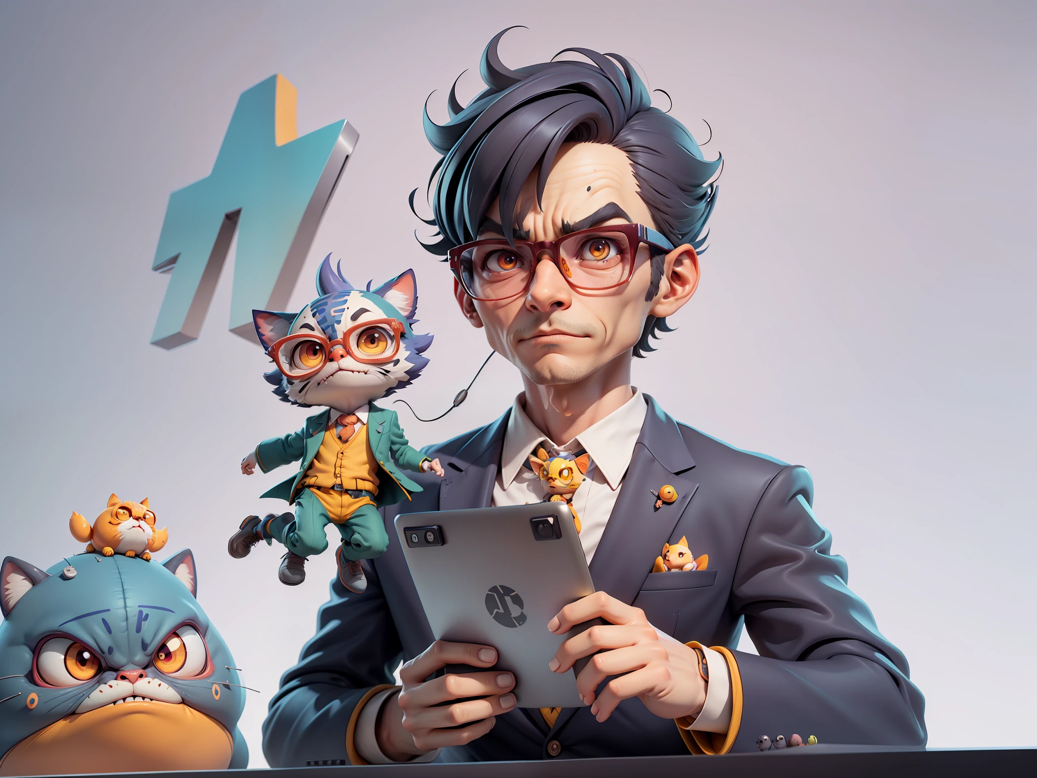 A young man in a suit, Short hair and glasses sat at his desk,holding laptop,digitial painting,tigre,3D character design by Mark Clairen and Pixar and Hayao Miyazaki and Akira Toriyama,4K HD illustration,Very detailed facial features and cartoon-style visuals。