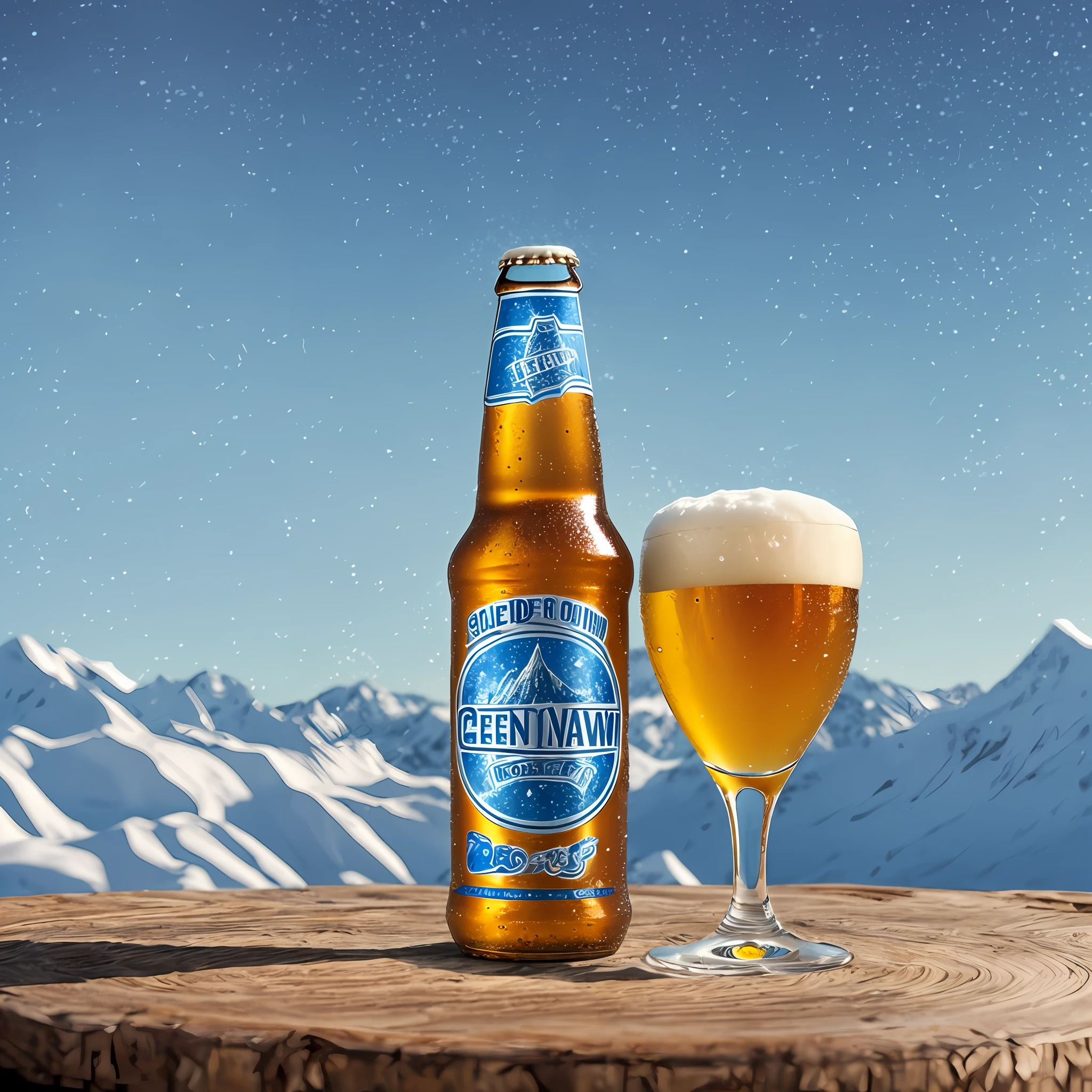 ddelicious refreshing beer, on a rustic table, white and blue color palette, long neck can, cold, morning light, glacial cold, photo realistic, mountains with eternal snow behind --auto --s2