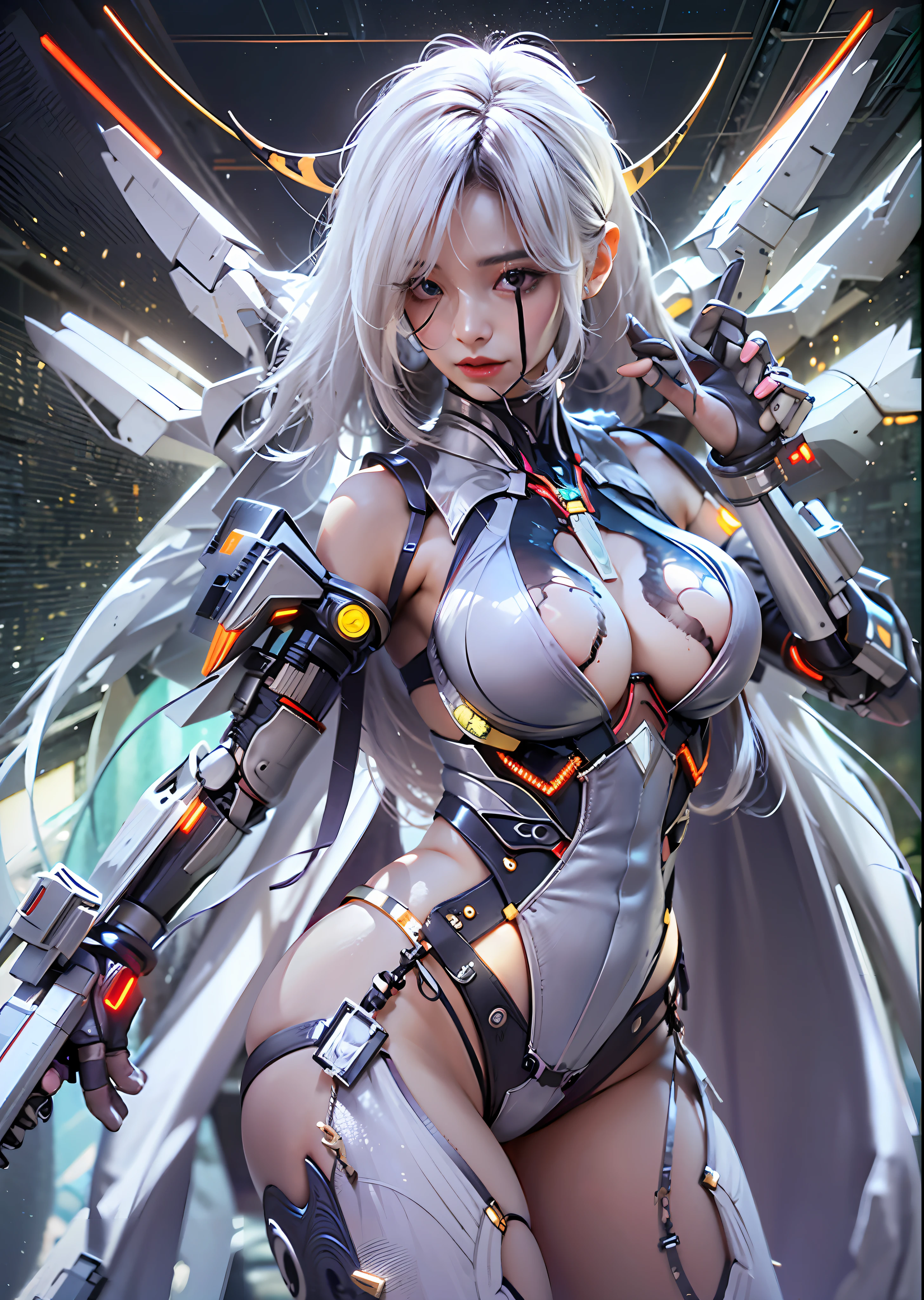 top-quality、masterpiece、超A high resolution、(Photorealsitic:1.4)、Raw photo、Battle Cyborg Angel、large wings made of metal、White porcelain body、Acrylic Clear Cover、white hair、glowy skin、1 Cyborg Girl、((super realistic details))、portlate、globalillumination、Shadow、octan render、8K、ultrasharp、character edge light,Colossal tits、Raw skin is exposed in cleavage、Details of complex ornaments、Roman details、Hydraulic cylinder、Small LED lamp、highly intricate detail、Realistic light、a purple eye、radiant eyes、Facing the camera、neon details、cowboy shot、Futuristic headgear、About Cyberpunk、、