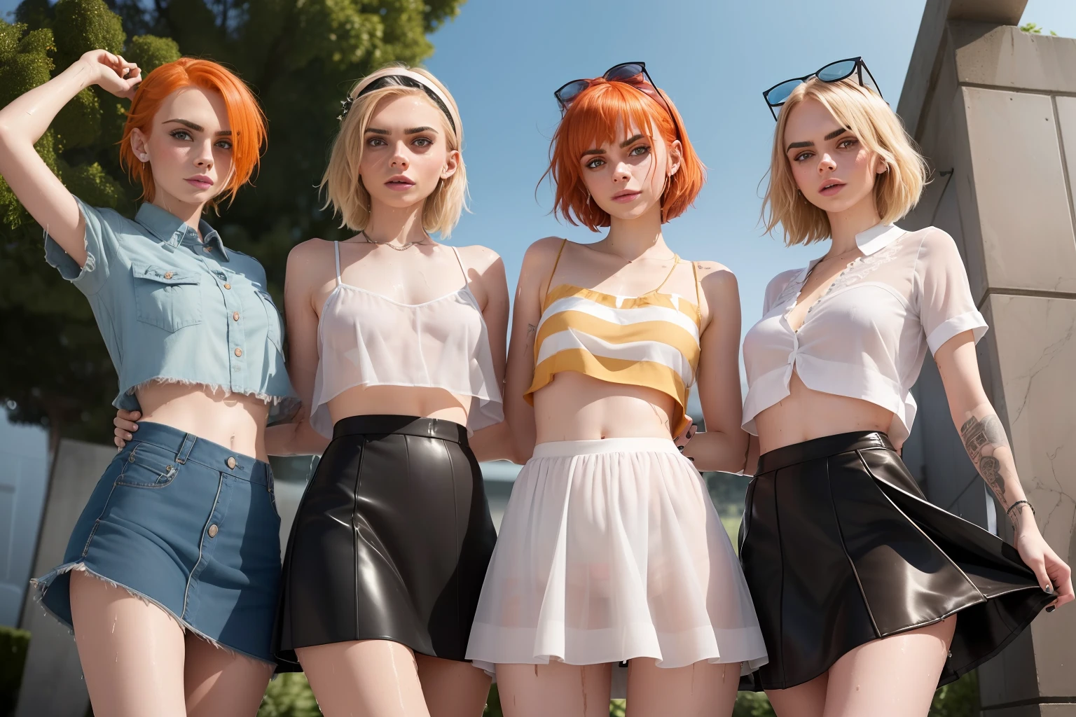Ein Foto von drei Frauen stehen unter der Dusche, (Hayley Williams), (Emma Roberts), (Cara Delevingne), all wear cropped shirts and microskirts, (Upskirt (Kleider)), ((von unten)), (()), ((wet body)), ((Nasse Kleidung)), ((nasses Haar)), They smile