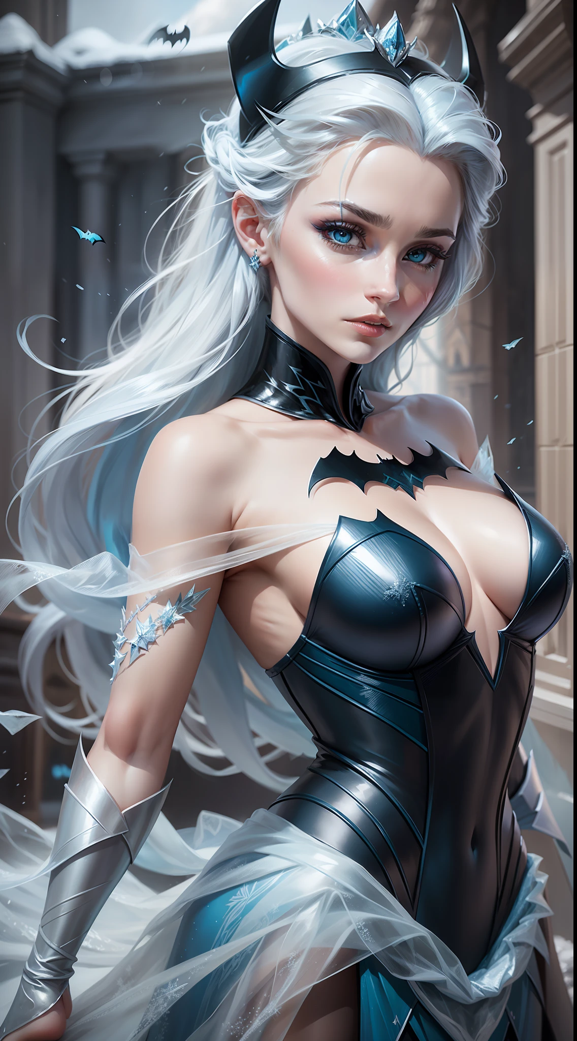 batman frozen princess in blue dress with flowing hair and blue dress, batman elsa from frozen, batman elsa frozen, batman elsa, beautiful batman elsa, frozen in motion, emma watson as the queen of ice, portrait of batman elsa of arendelle, portrait of batman elsa from frozen, batman frozen, batman frozen like a statue, batman ice princess, ice queen, frozen klaus film, frozen time effect, the batman ice queen