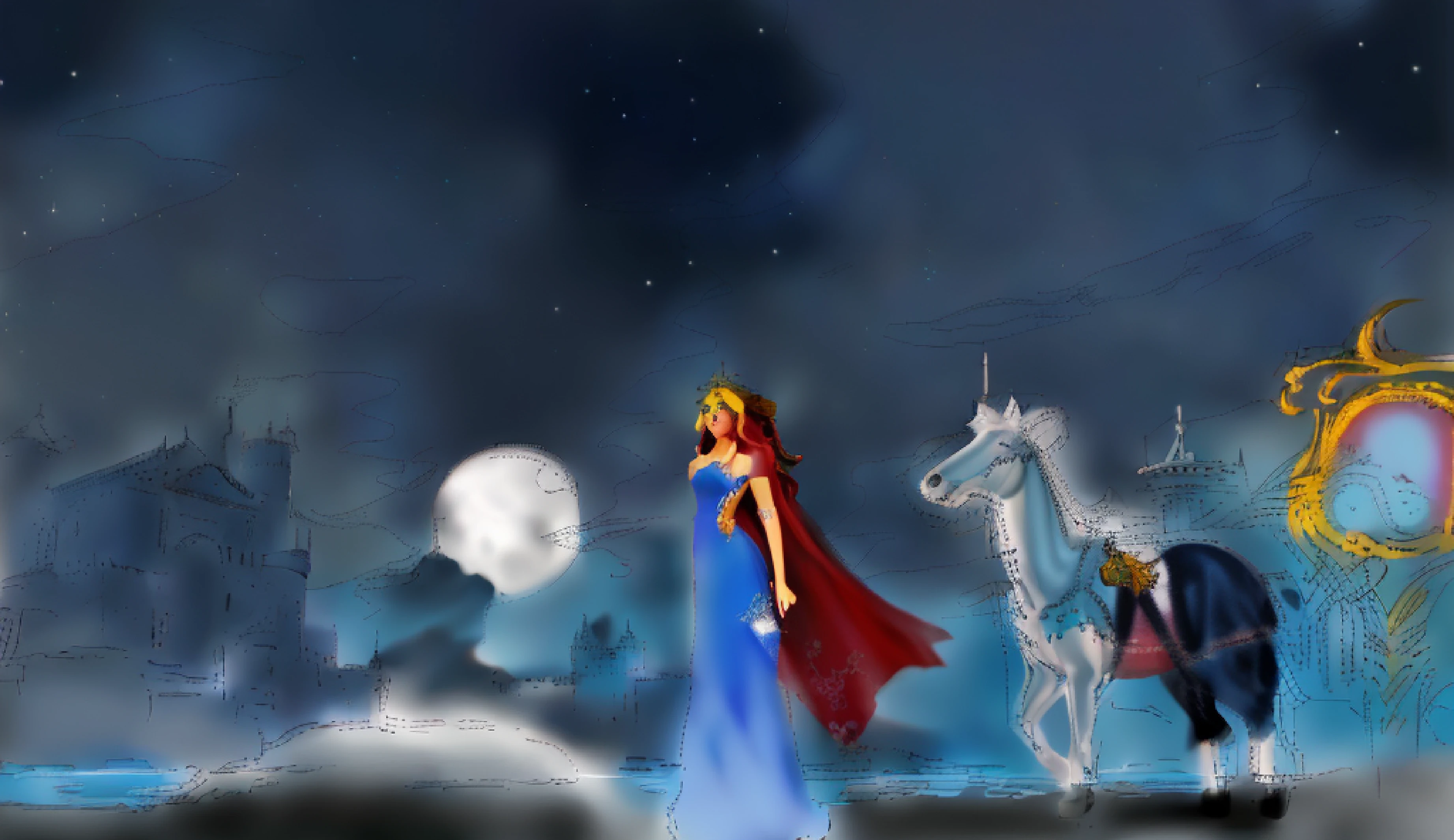 There is a painting,A woman in a blue dress and a servant in a suit salute,buggy,castle in distance,beachside,bru, greek myth digital painting, Inspired by Hans Eduard von Belepsch-Valendas, Twilight ; Digital painting, Godrays digital painting, in front of a fantasy city, fantasy painterly style, blurry and dreamy illustration, sketch of a lucid dream