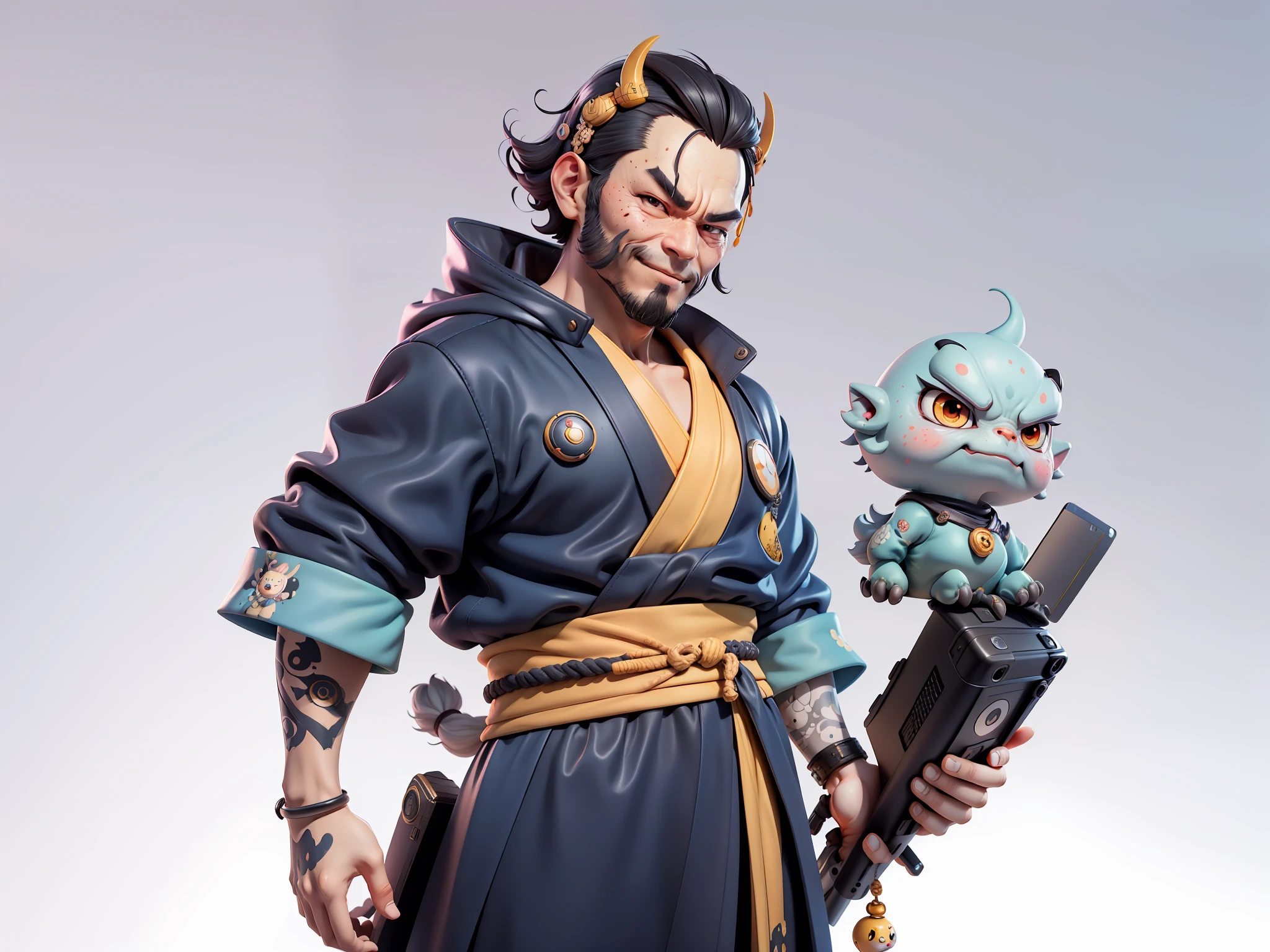 (Daisaku),(Need),(Super meticulous),(full bodyesbian:1.2),Japanese ukiyo-e girl,japanese geisha,Beautiful,Oriental dragon,Aeolian Thor,Raised sexy,爆乳,Oriental face,TV Anchor,Bust portrait illustration,Alone,In black suit,a blue tie,The face is slightly chubby,The face was clean,without a beard,Black super short hair,Black eyes,Smile confidently,3C computer sub-products,iPad, iphone,Digital painting,3D character design by Mark Clairen and Pixar and Hayao Miyazaki and Akira Toriyama,The illustration is a high-definition illustration in 4K resolution,With very detailed facial features and cartoon-style visuals。